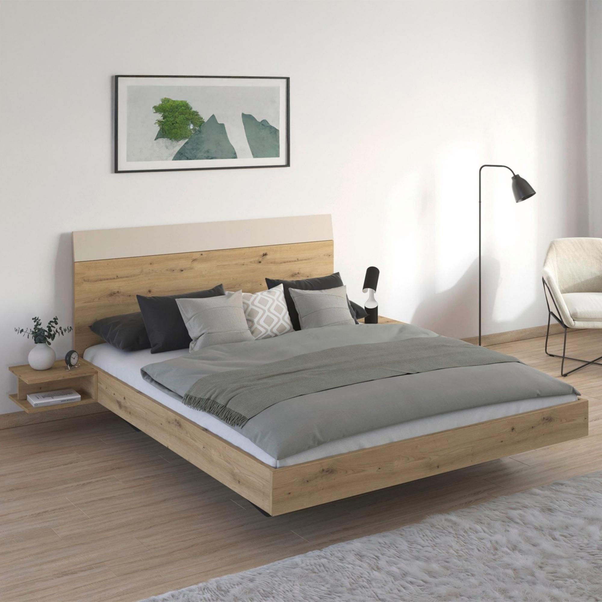 Monza Bed - with 2 Hanging Bedside Tables - Artisan Oak & Champagne - 5ft King Size