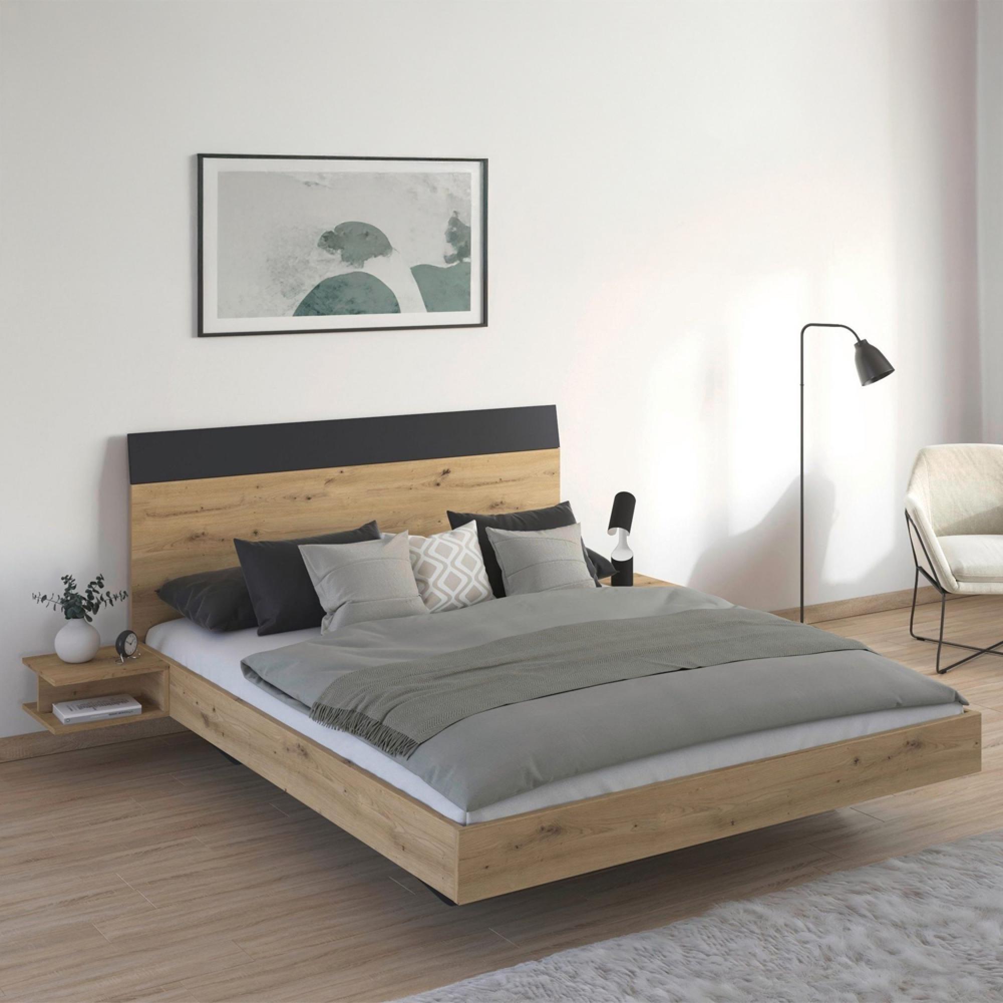 Monza Bed - with 2 Hanging Bedside Tables - Artisan Oak & Metallic Dark Grey - 5ft King Size