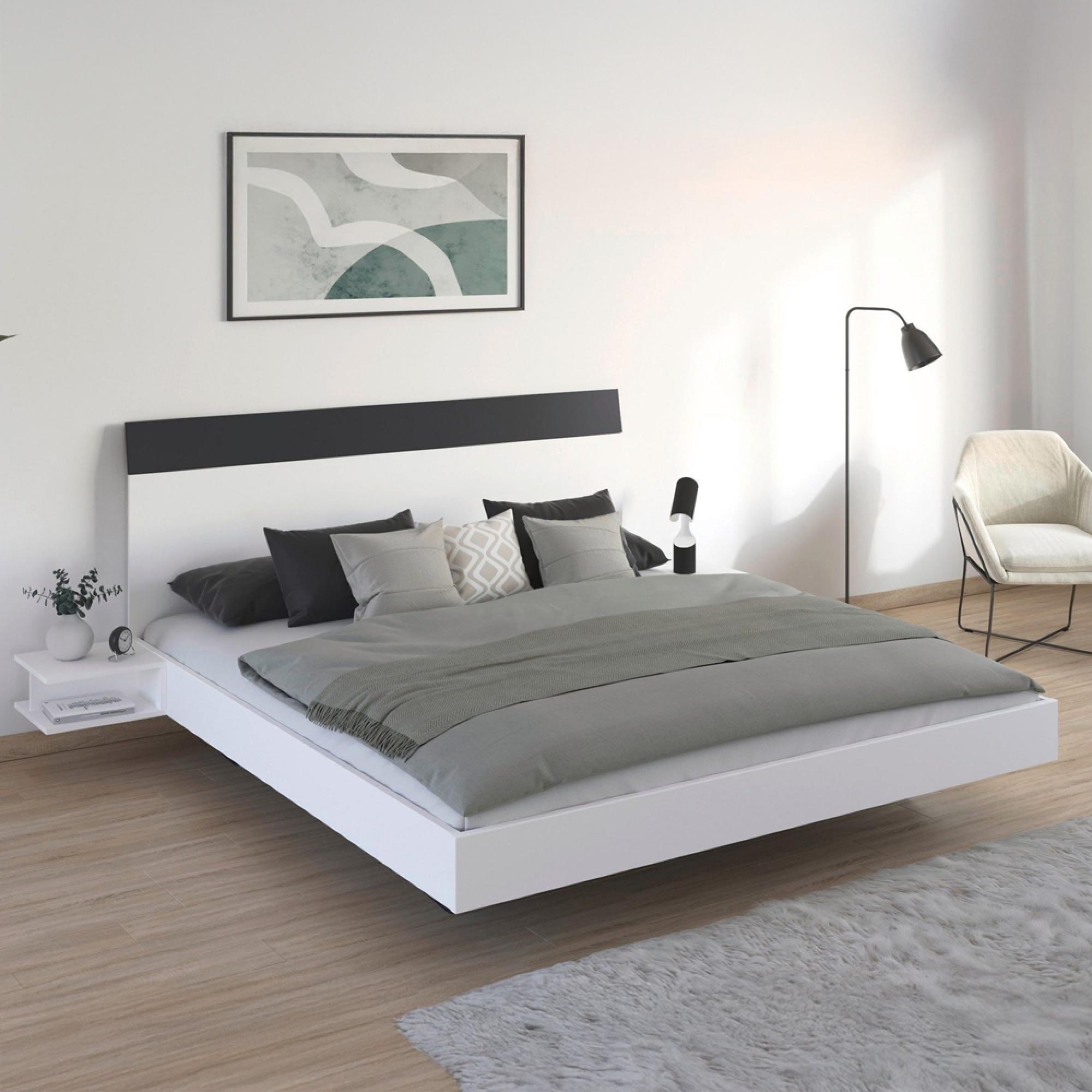 Monza Bed - with 2 Hanging Bedside Tables - Alpine White & Metallic Dark Grey - 6ft Queen Size