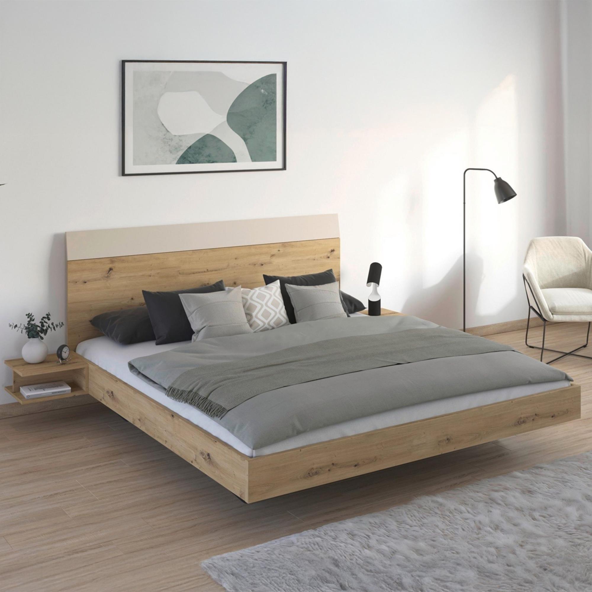 Monza Bed - with 2 Hanging Bedside Tables - Artisan Oak & Champagne - 6ft Queen Size