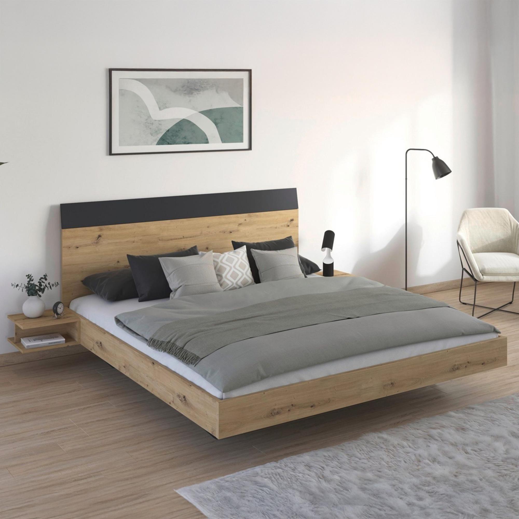 Monza Bed - with 2 Hanging Bedside Tables - Artisan Oak & Metallic Dark Grey - 6ft Queen Size