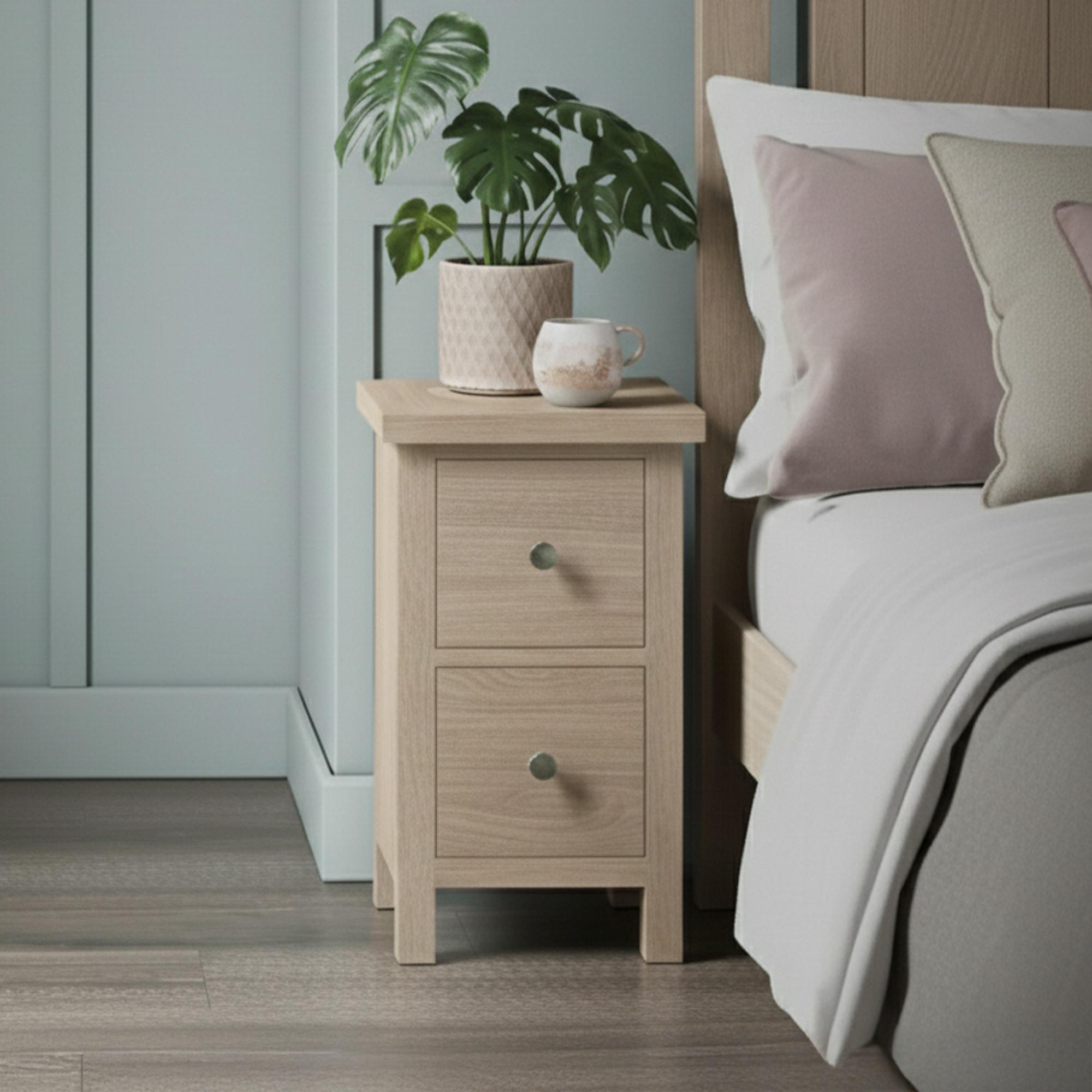 Modern Country Oak - Narrow Bedside Cabinet - 2 Drawer