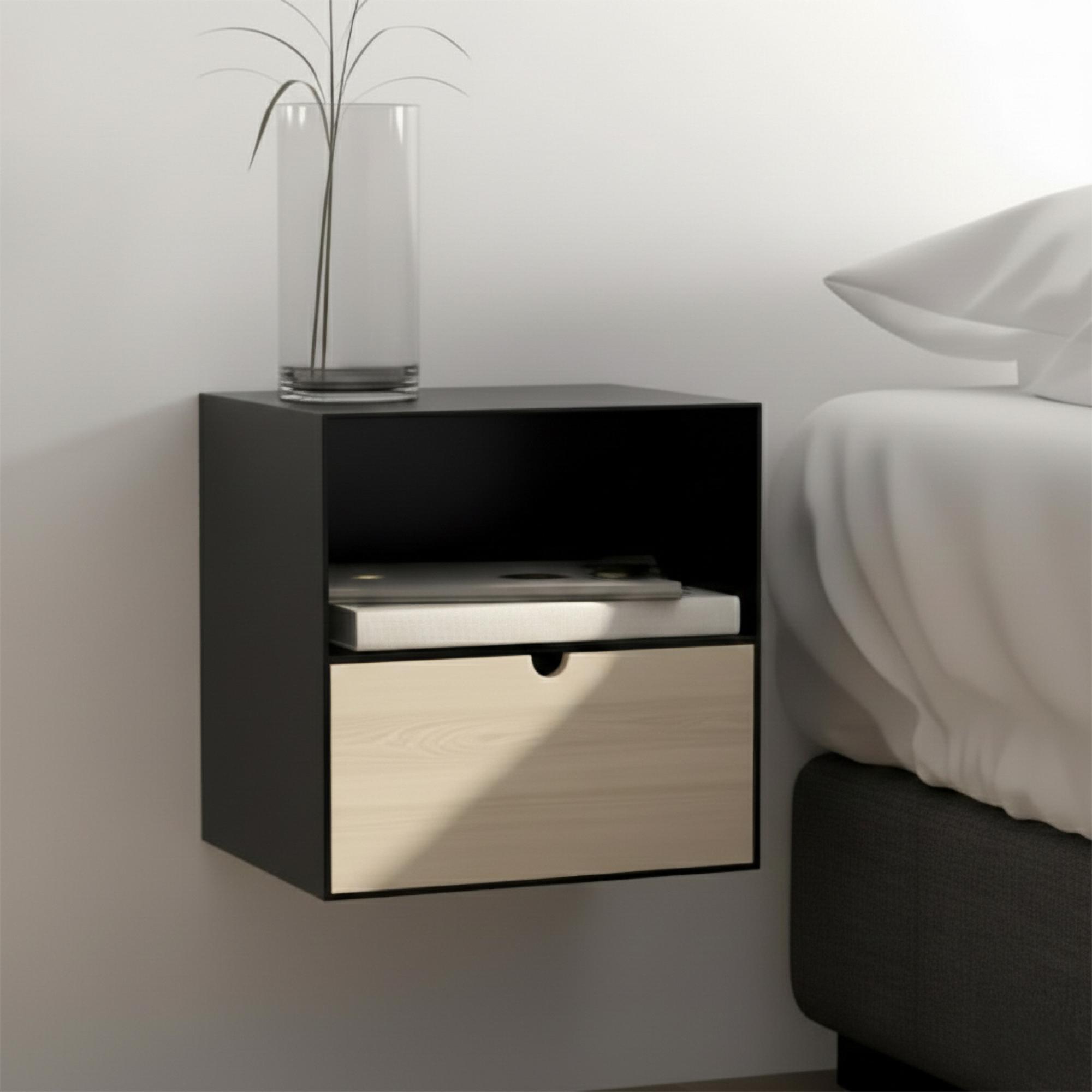 Joliet Bedside Table - 1 Drawer - Floating - Black and Bamboo Wood