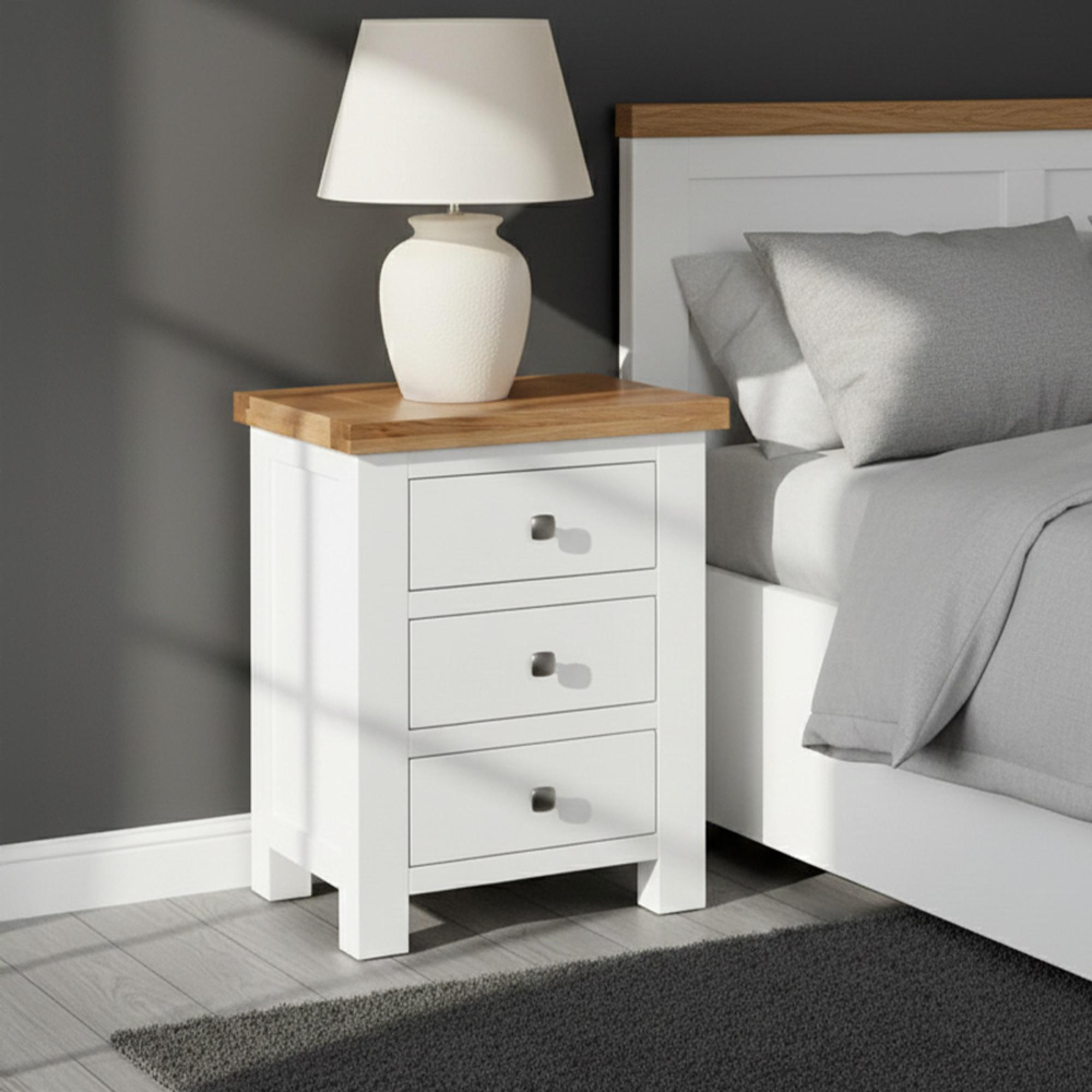 Lundy Bedside Cabinet - 3 Drawer - White Painted