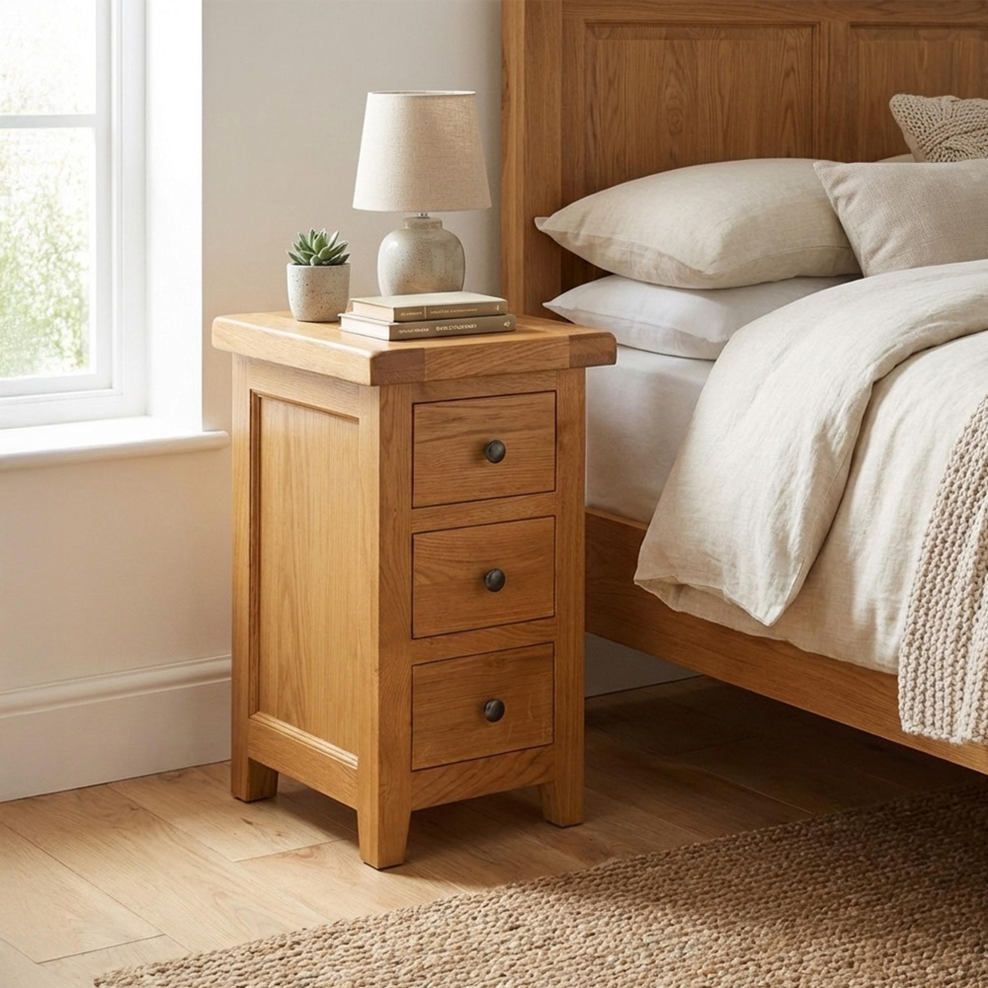 Somer Bedside Cabinet - 3 Drawer Compact - Oak