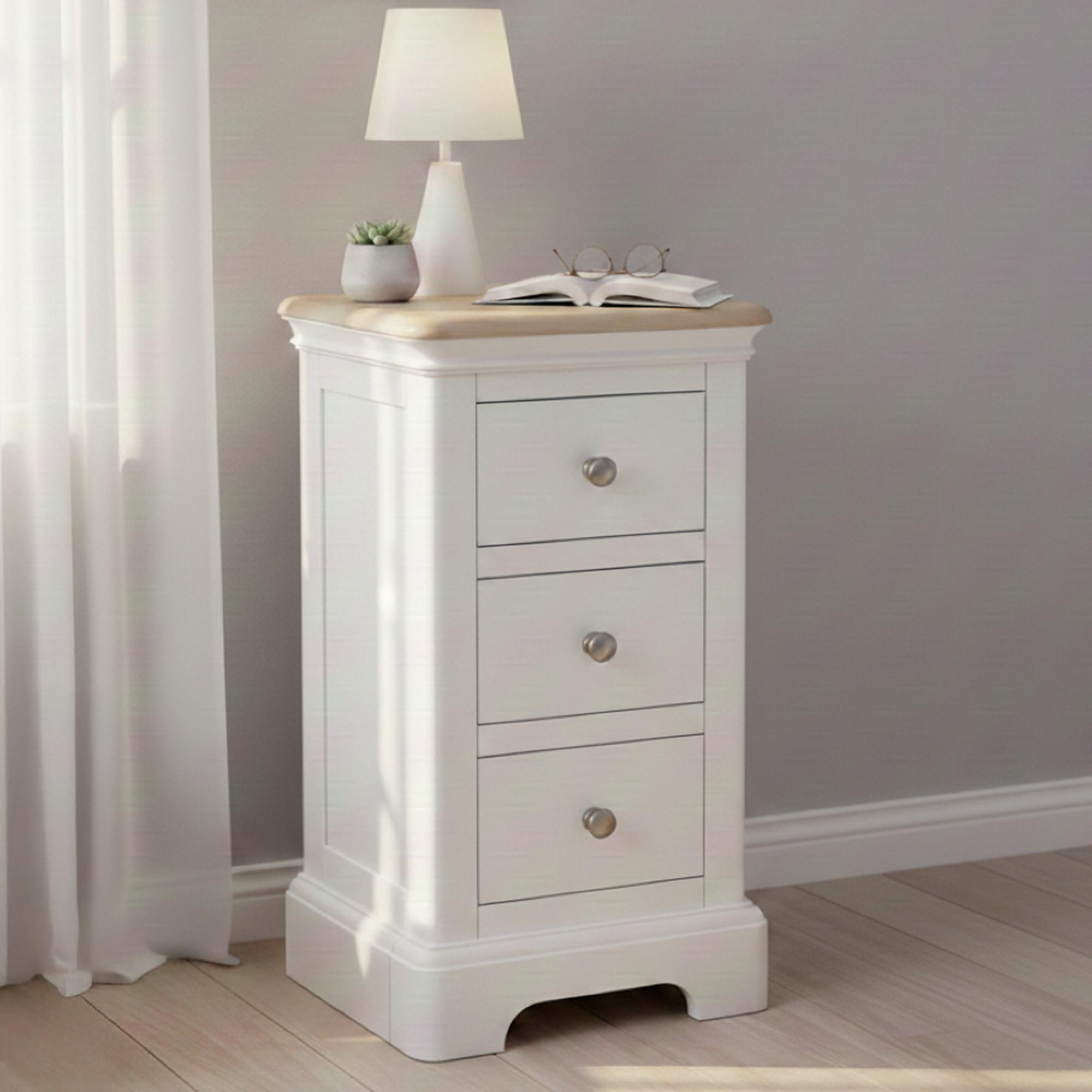 Cromwell Bedside Cabinet - 3 Drawer Compact - White Painted