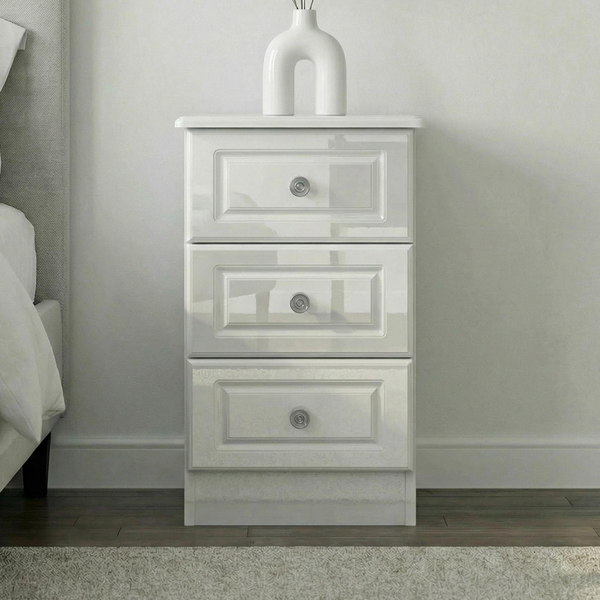 Pembroke Bedside Cabinet - 3 Drawer - White Gloss