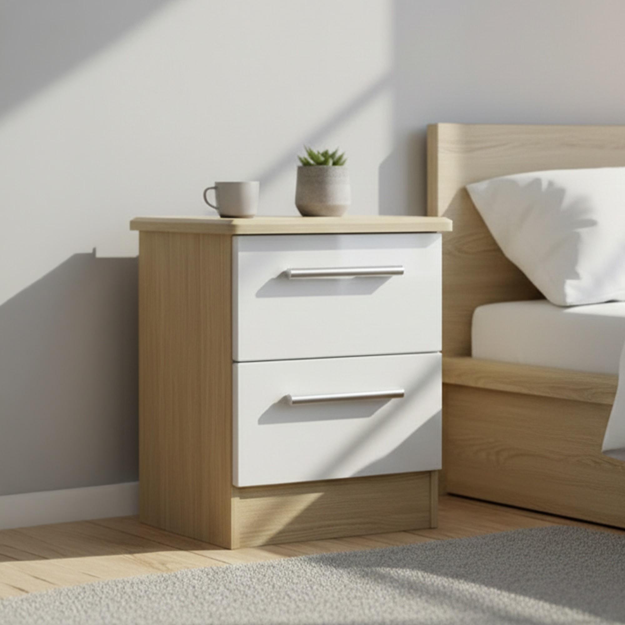 Knightsbridge Bedside Cabinet - 2 Drawer - White Gloss and Light Oak