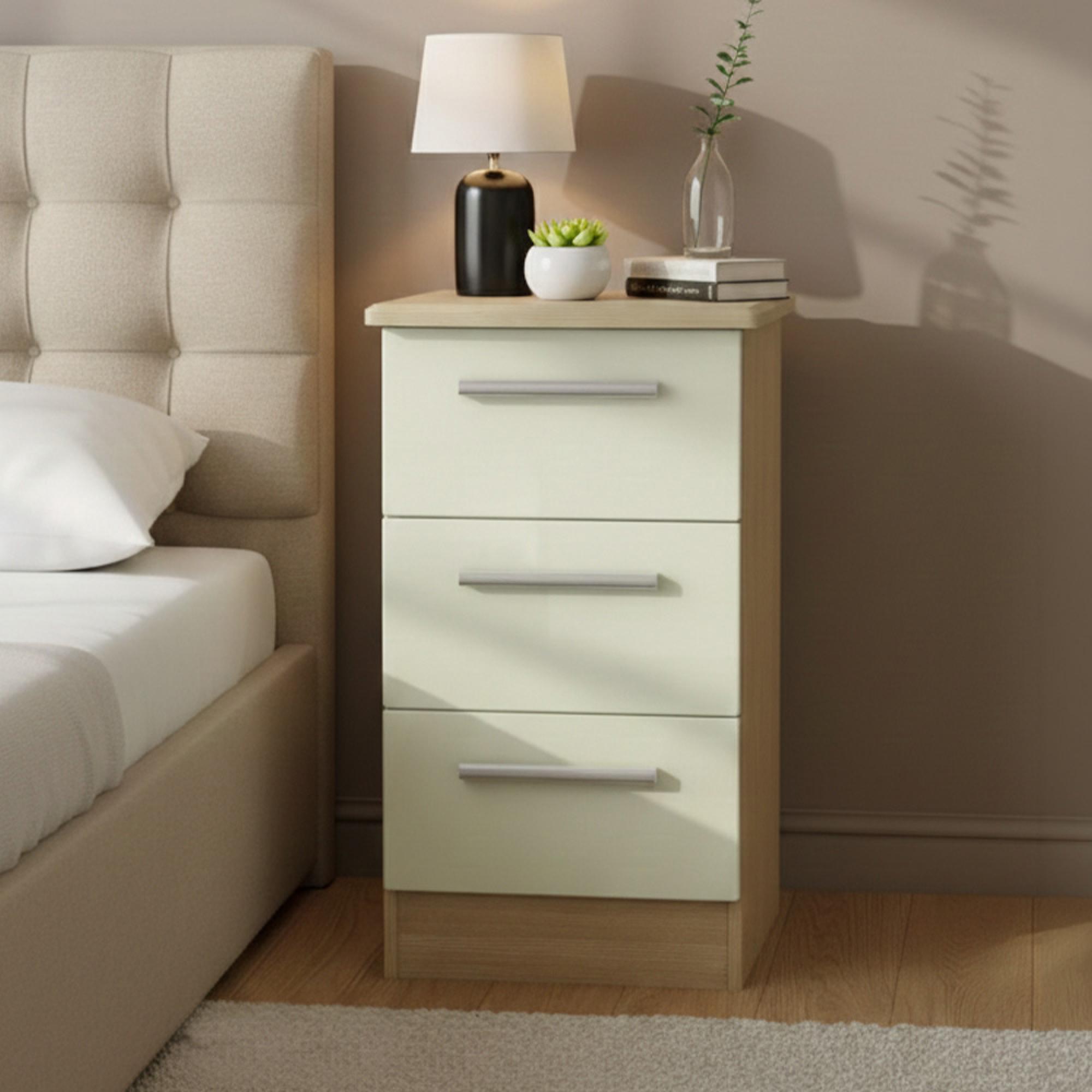 Knightsbridge Bedside Cabinet - 3 Drawer - Cream Gloss and Light Oak