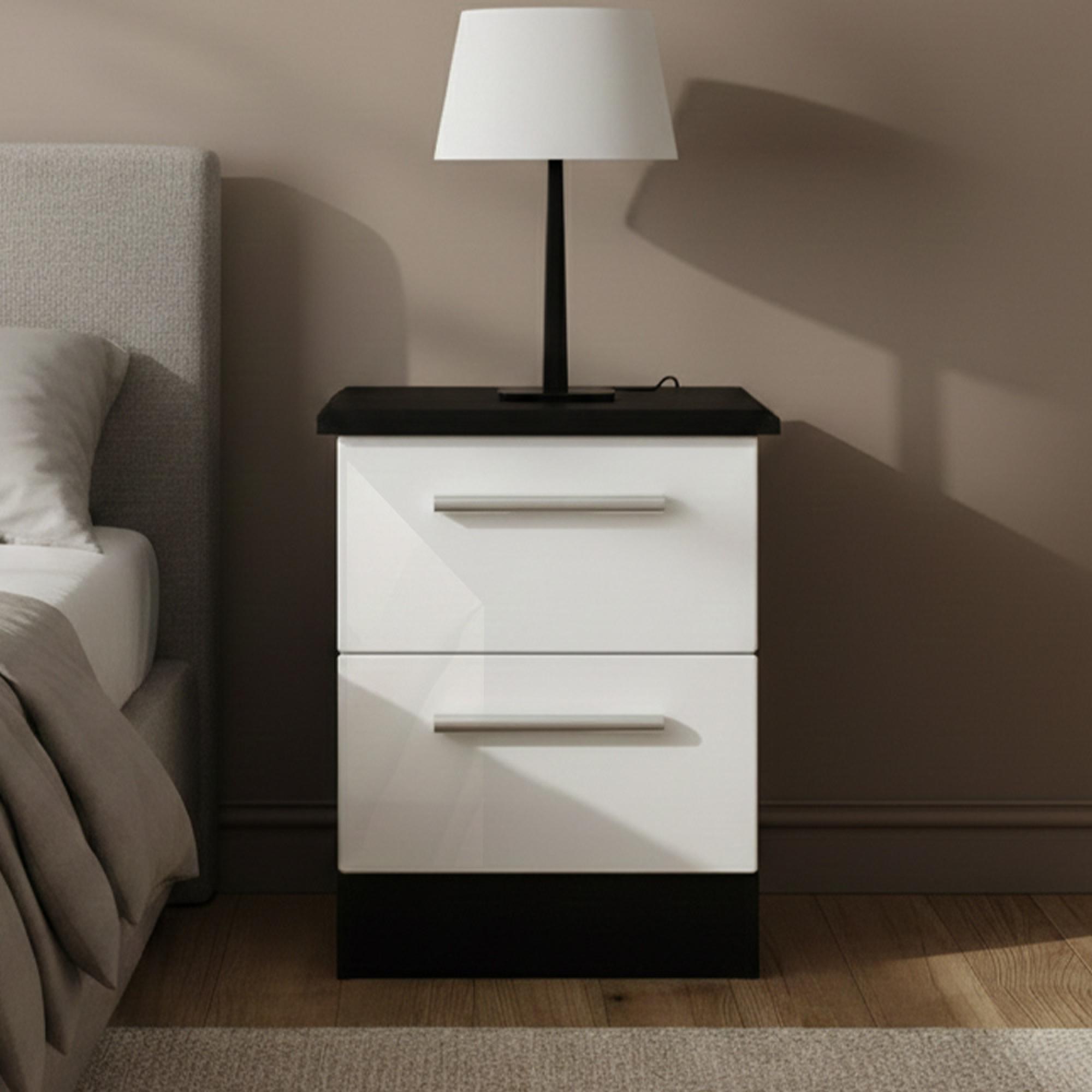 Knightsbridge Bedside Cabinet - 2 Drawer - White Gloss and Black