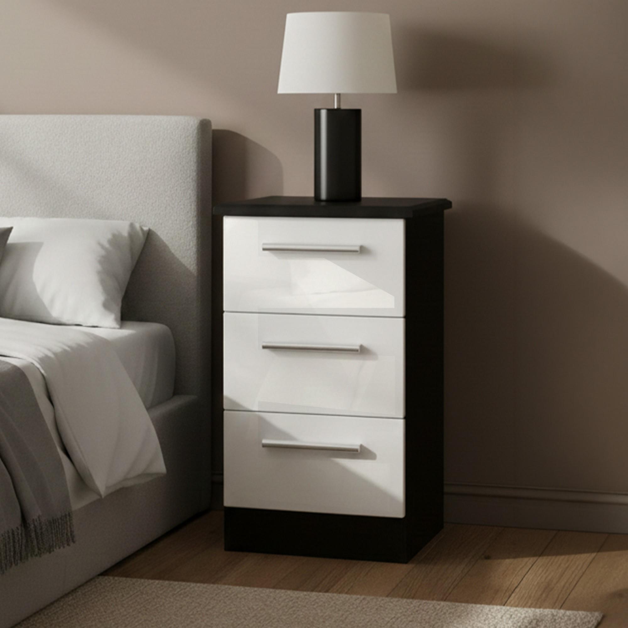 Knightsbridge Bedside Cabinet - 3 Drawer - White Gloss and Black