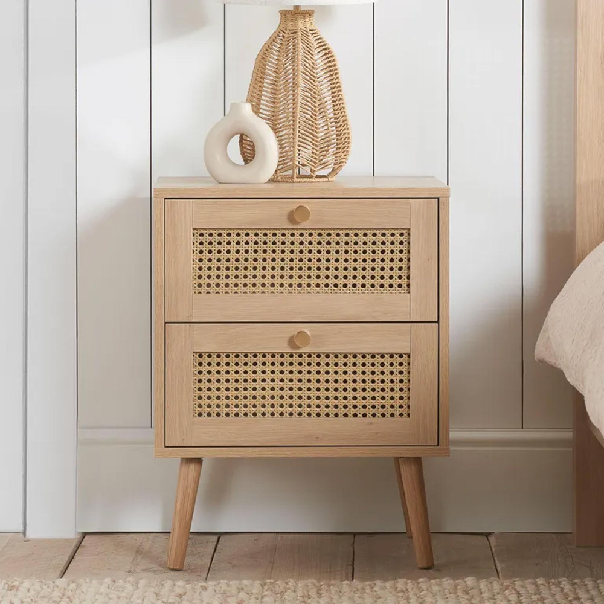 Clearance - Croxley Bedside Cabinet - 2 Drawer - Oak and Rattan - FSS16883