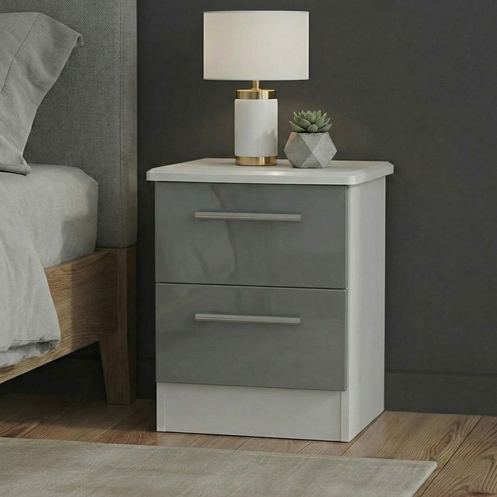 Knightsbridge Bedside Cabinet - 2 Drawer - Grey Gloss and White
