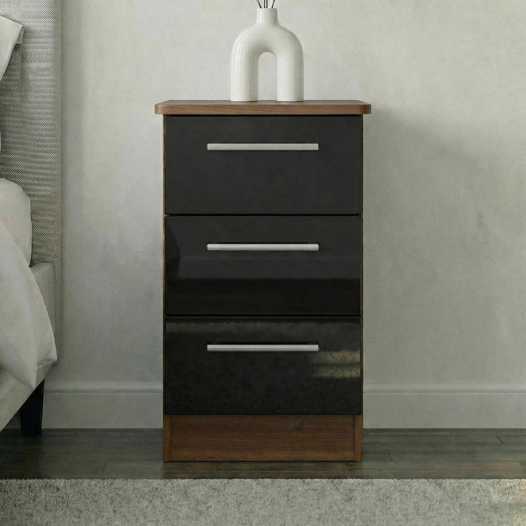 Knightsbridge Bedside Cabinet - 3 Drawer - Black Gloss and Walnut