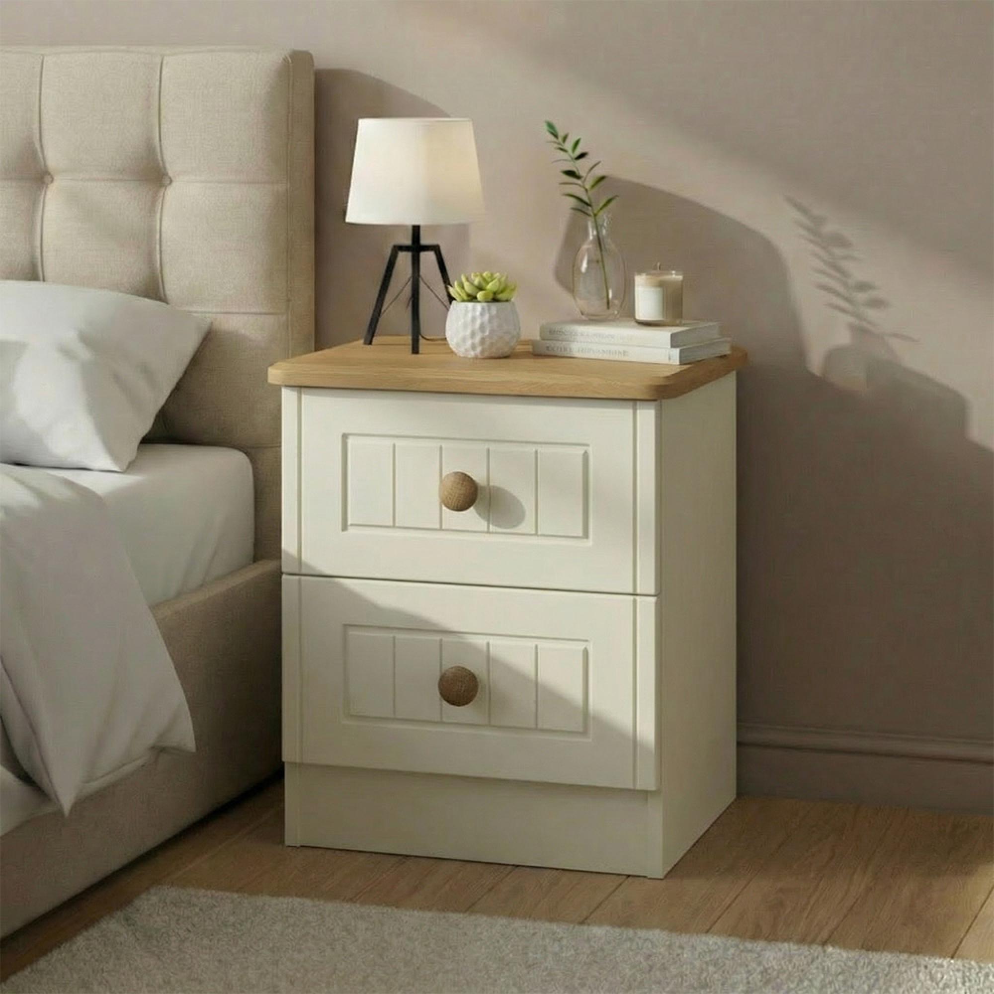 Warwick Bedside Cabinet - 2 Drawer - Cream and Oak
