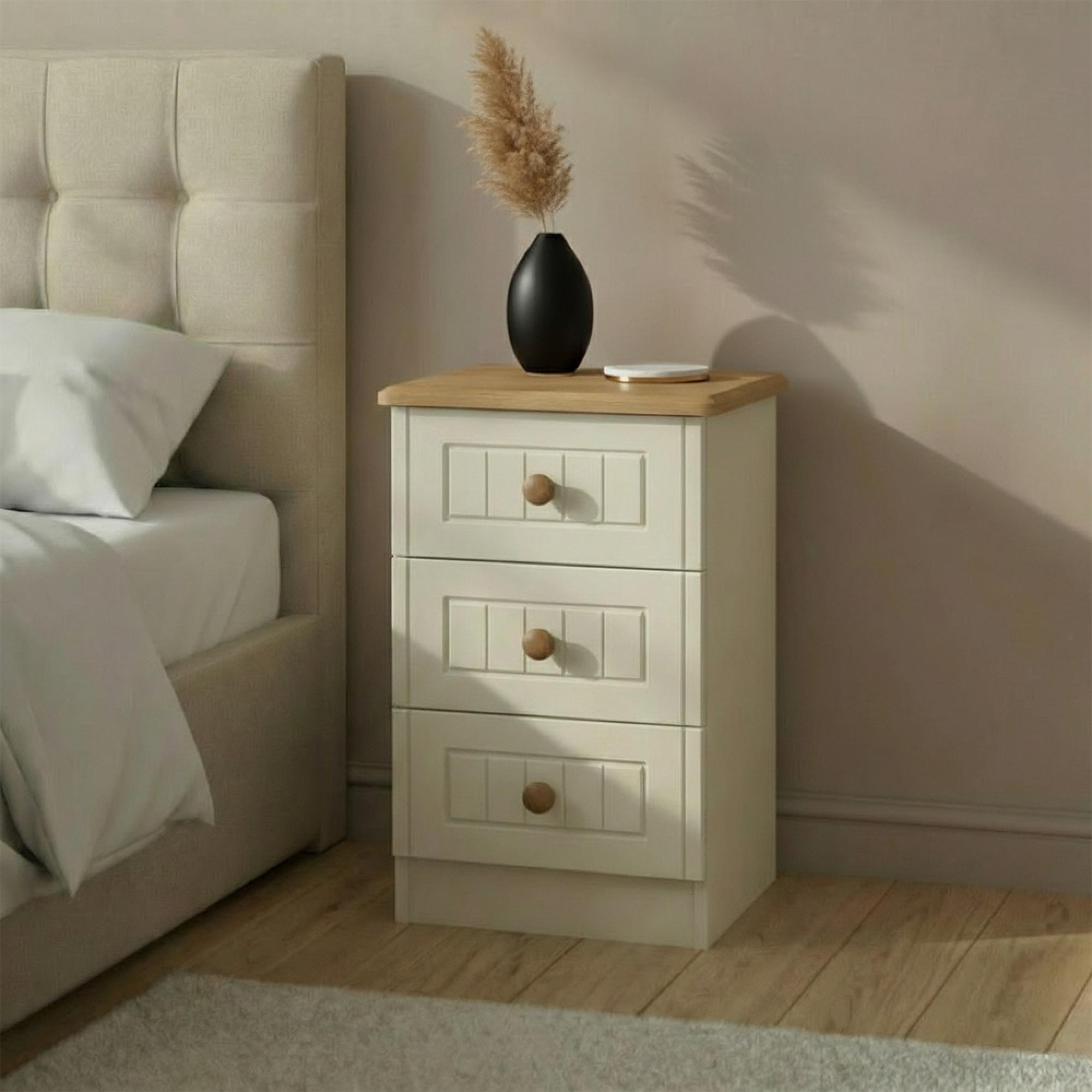 Warwick Bedside Cabinet - 3 Drawer - Cream and Oak