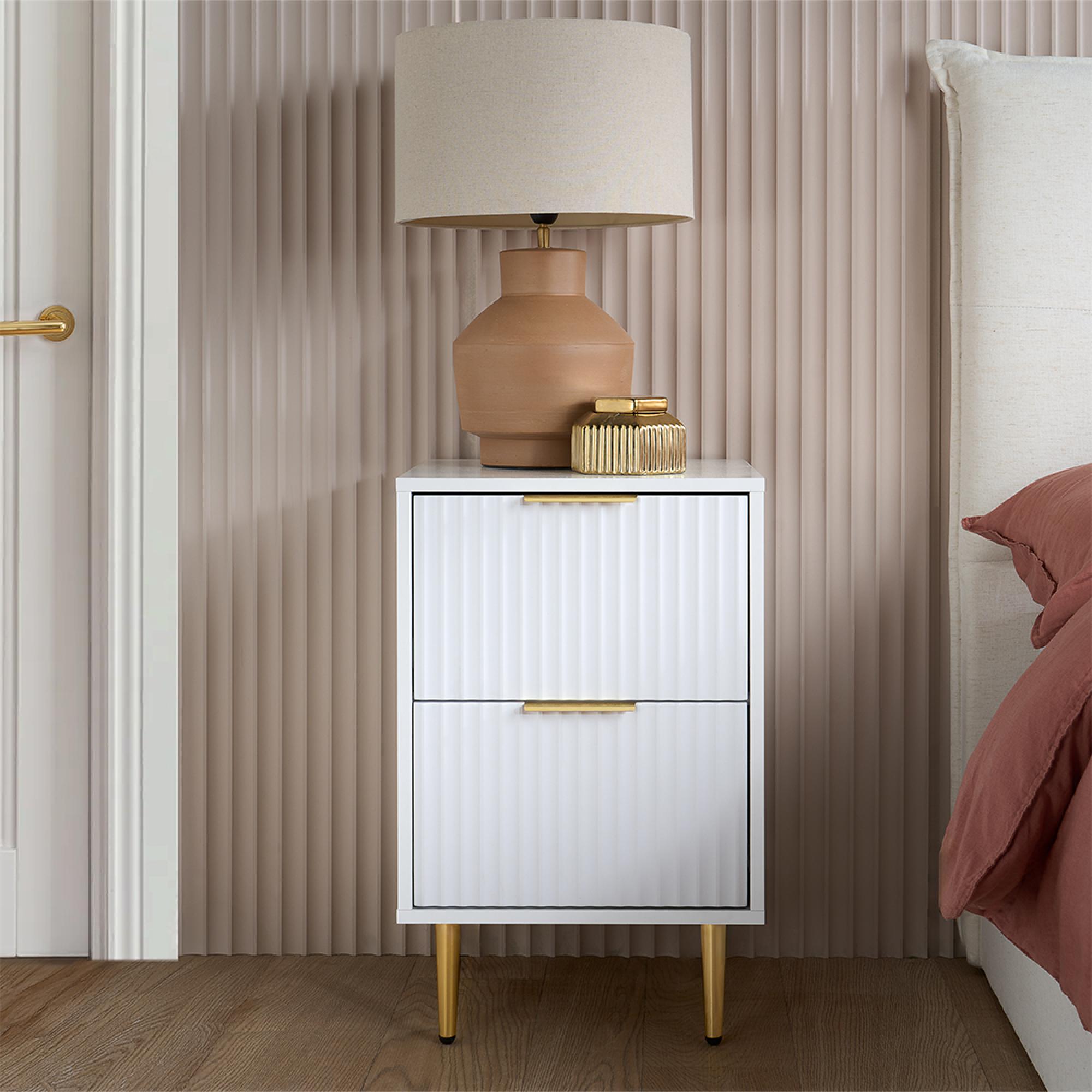 Zara Bedside Table - 2 Drawer - Fluted - White - Gold Legs