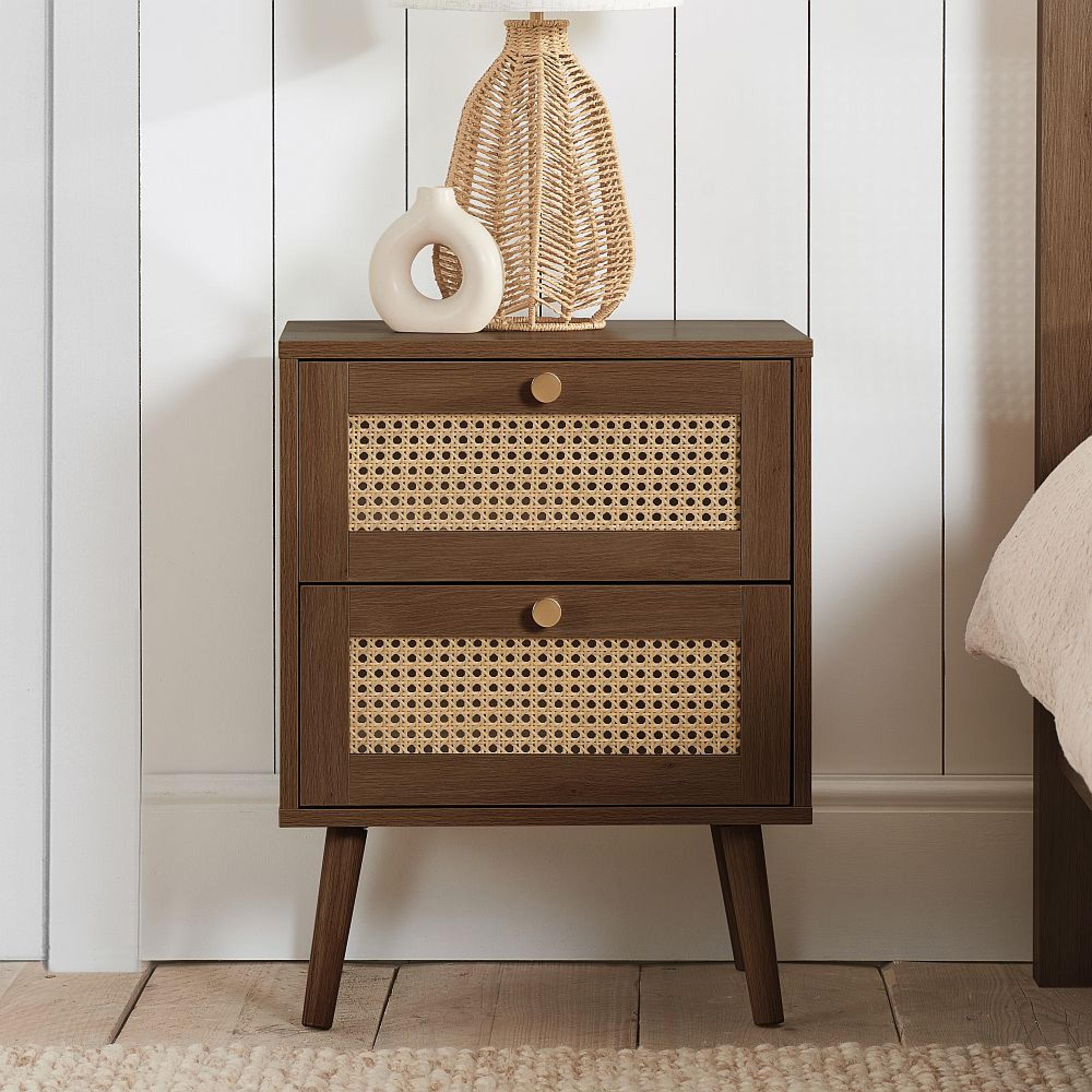 Croxley Bedside Cabinet - 2 Drawer - Walnut and Rattan