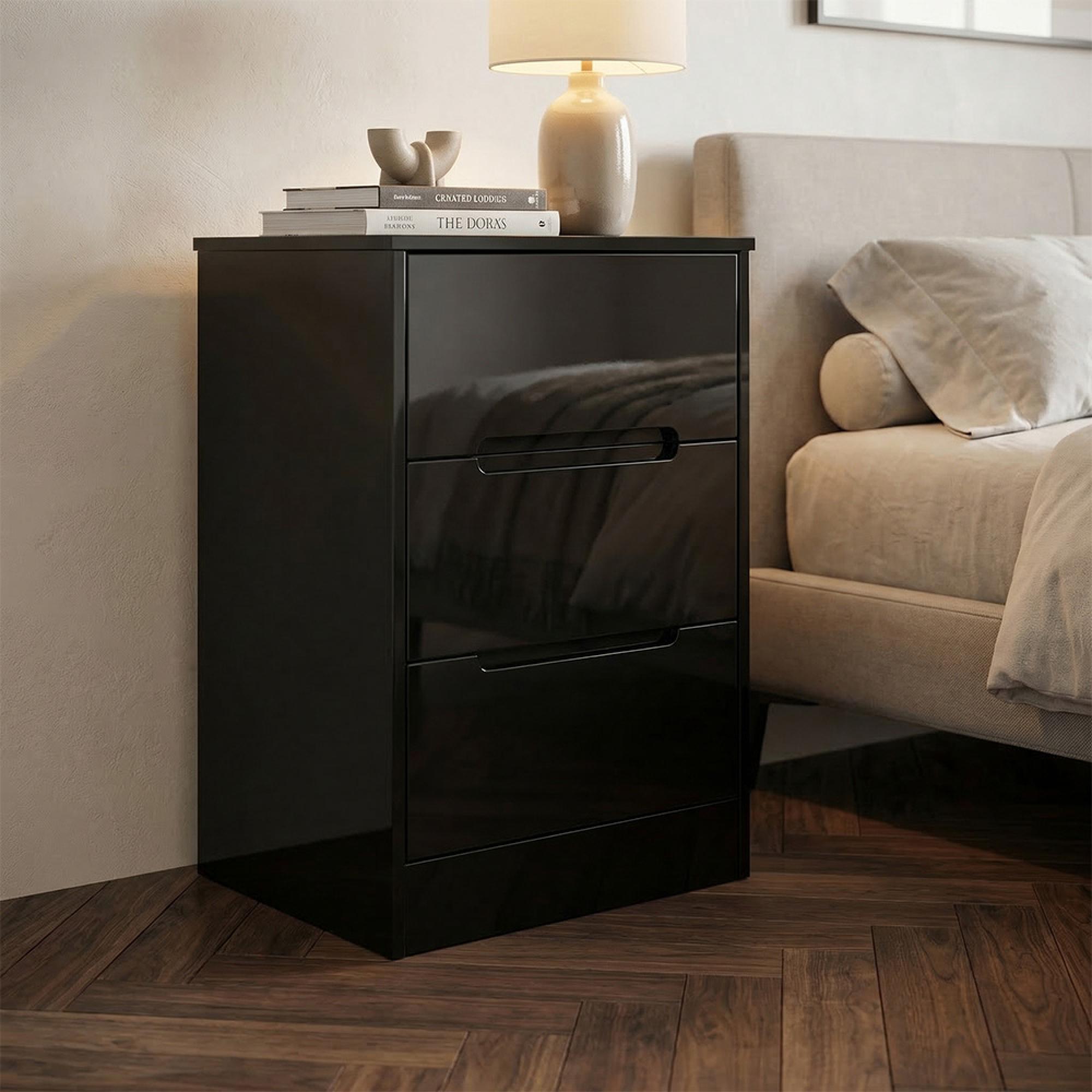 Monaco Bedside Cabinet - 3 Drawer - Black Gloss