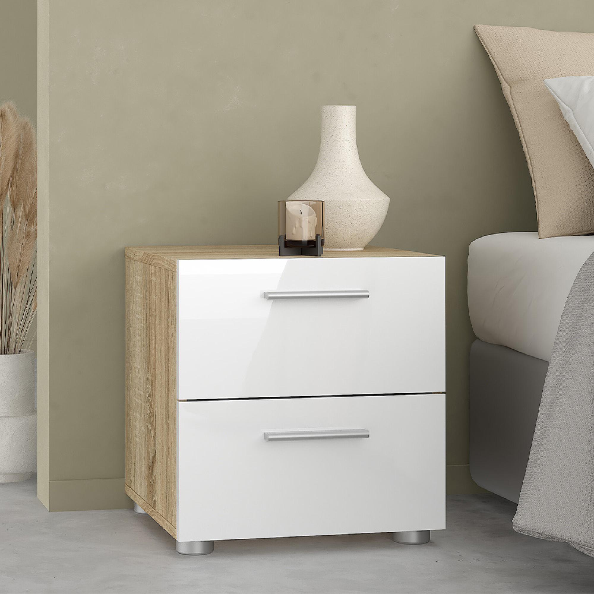 Pepe Bedside Cabinet - 2 Drawer - Oak and White Gloss