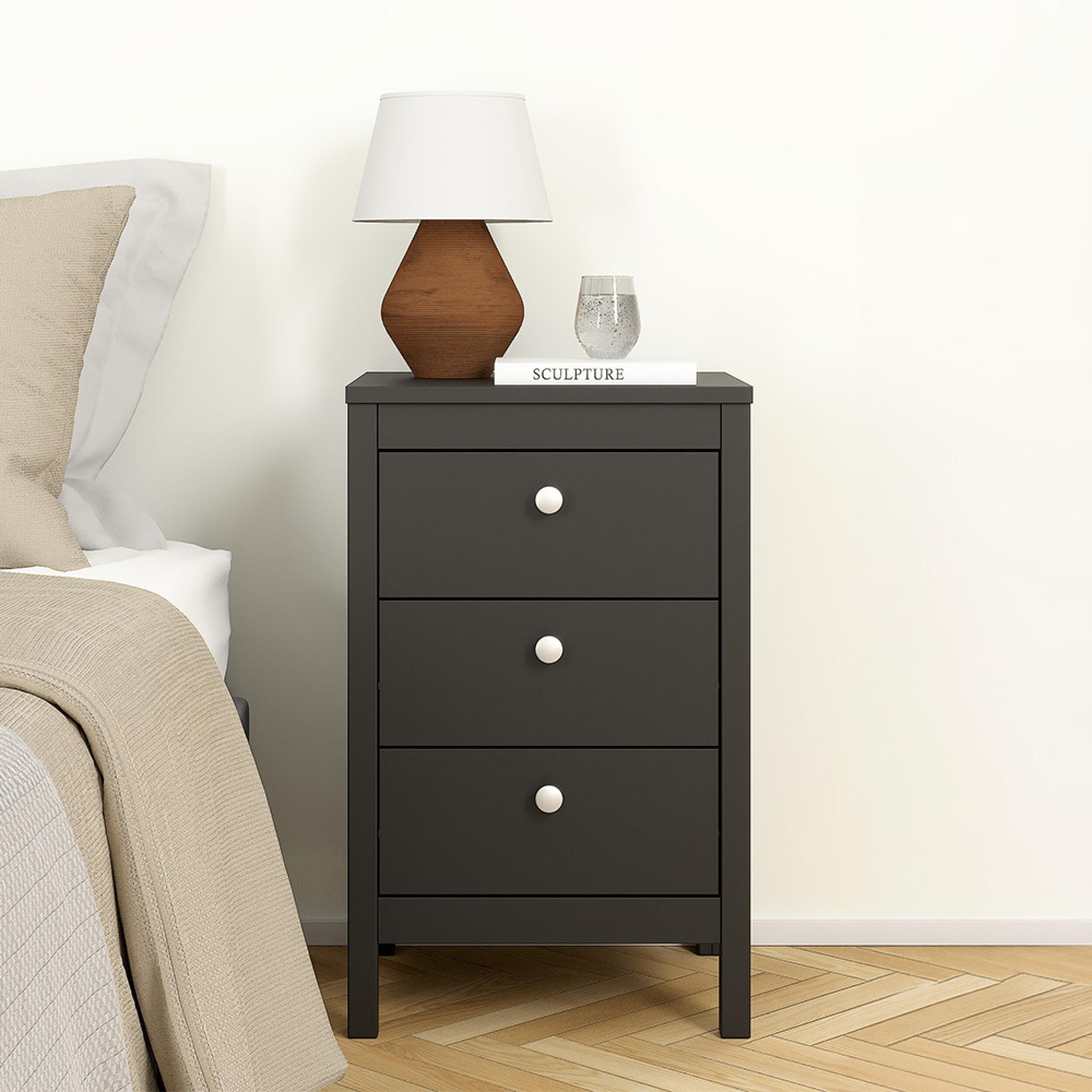 Madrid Bedside Table - 3 Drawer - Matt Black