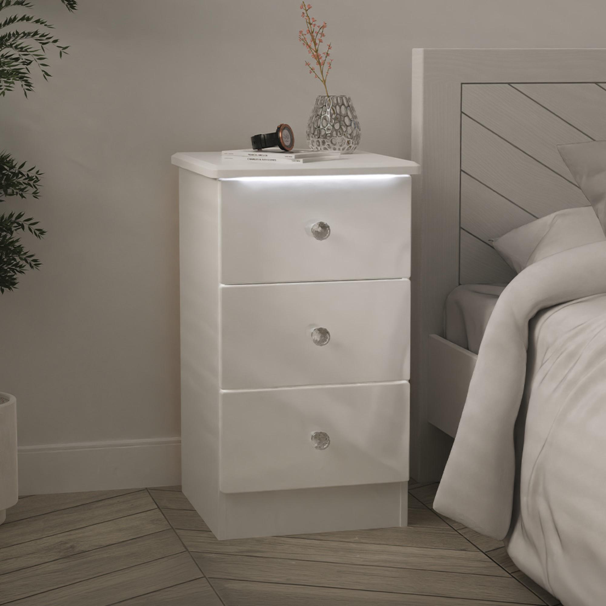 Lumiere Bedside Cabinet - 3 Drawer - White Gloss