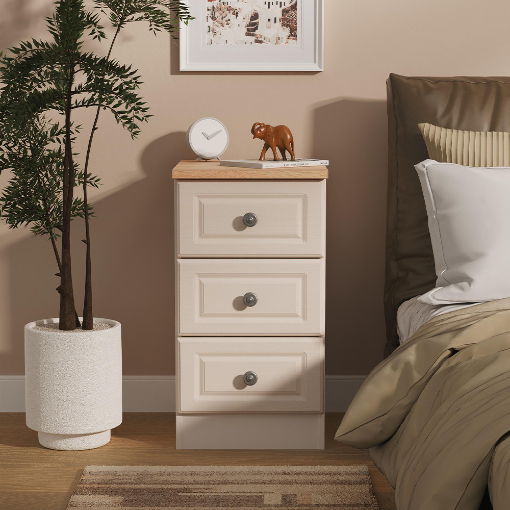 Norfolk Bedside Cabinet - 3 Drawer - Cashmere and Oak