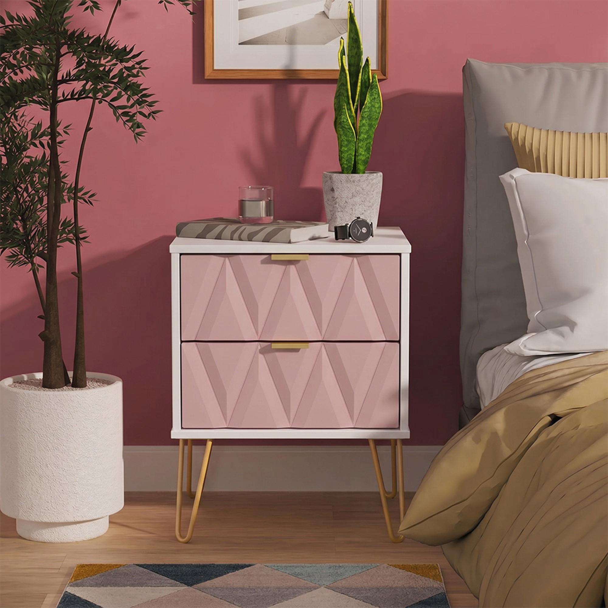 Diamond Bedside Cabinet - 2 Drawer - with Gold Hairpin Legs - Pink and White