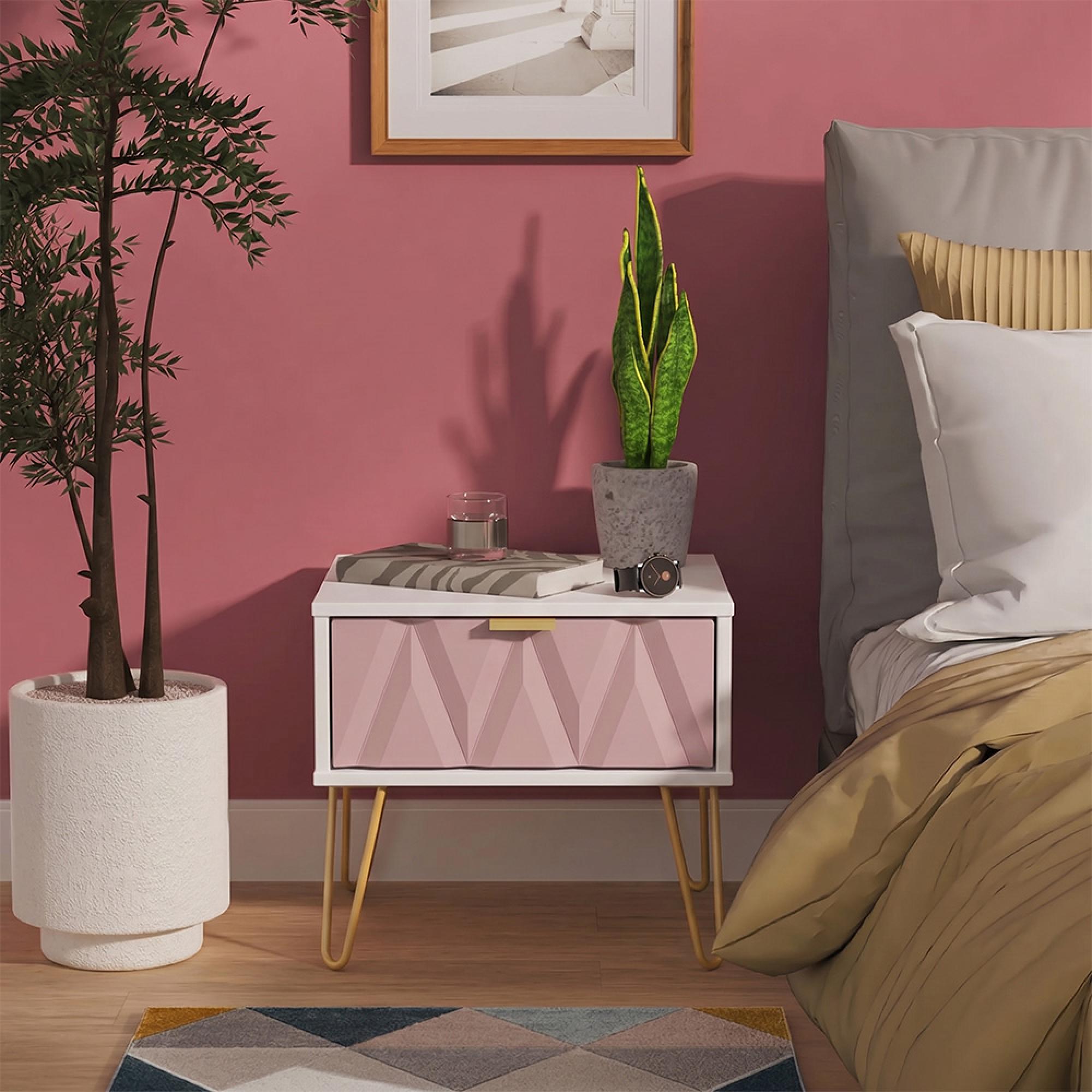 Diamond Bedside Table - 1 Drawer - with Gold Hairpin Legs - Pink and White