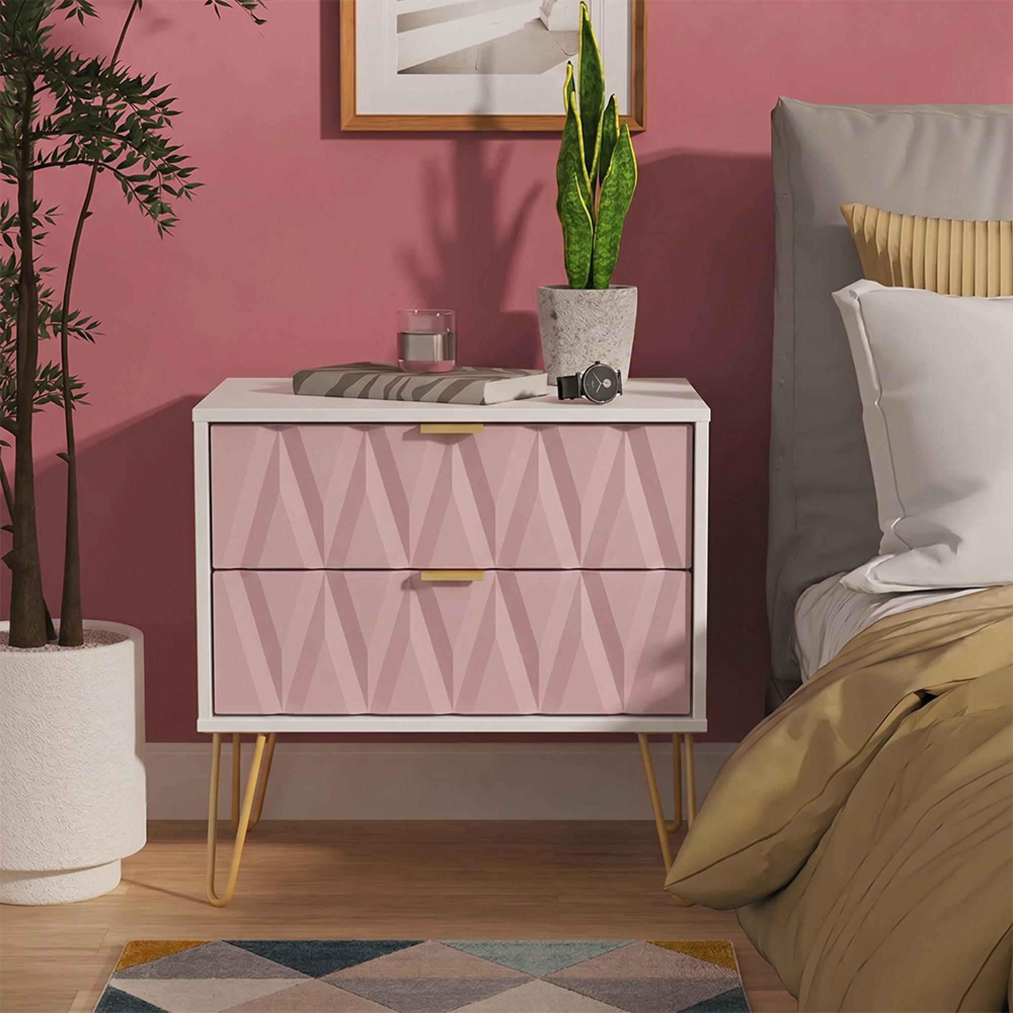 Diamond Midi Bedside Cabinet - 2 Drawer - with Gold Hairpin Legs - Pink and White