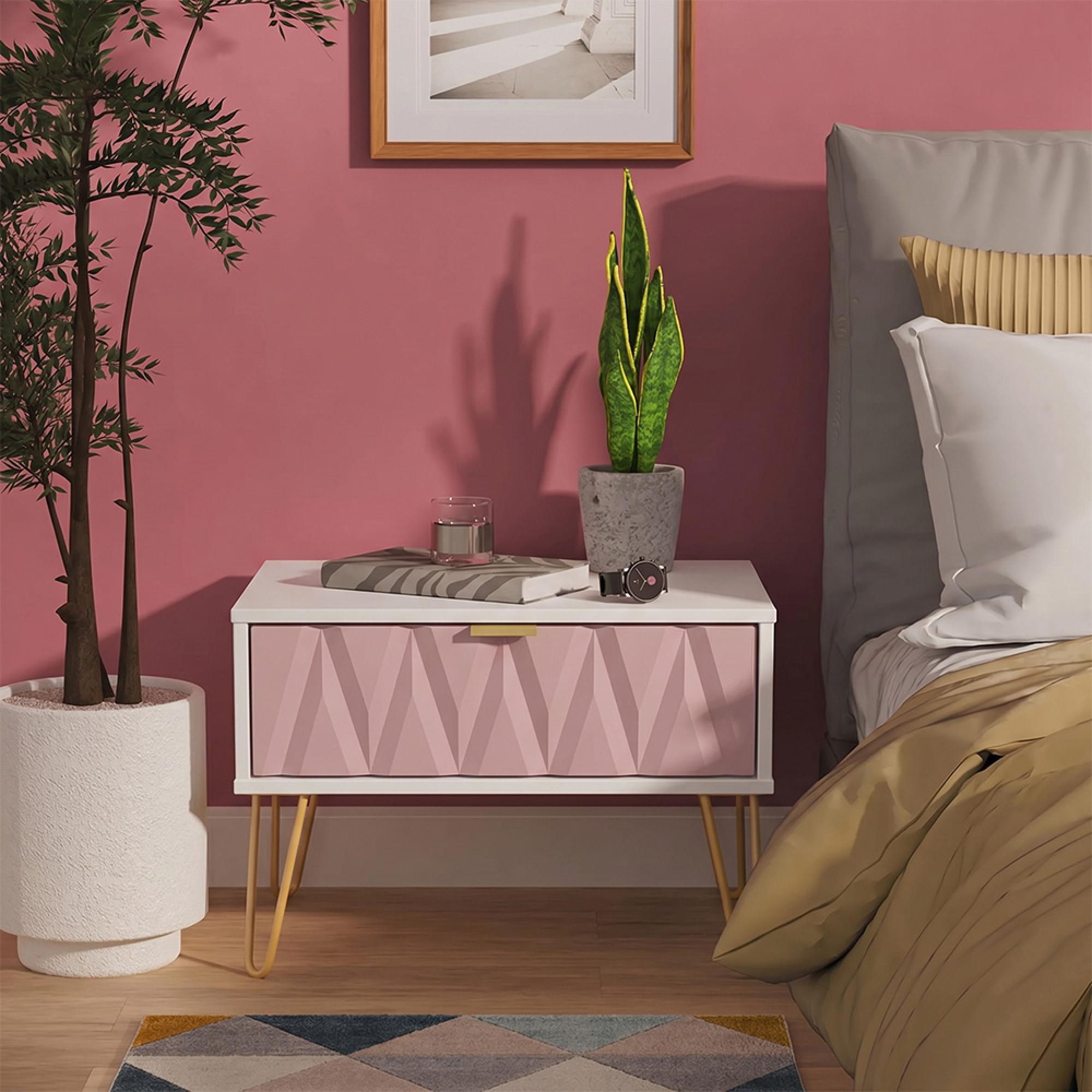 Diamond Midi Bedside Table - 1 Drawer - with Gold Hairpin Legs - Pink and White