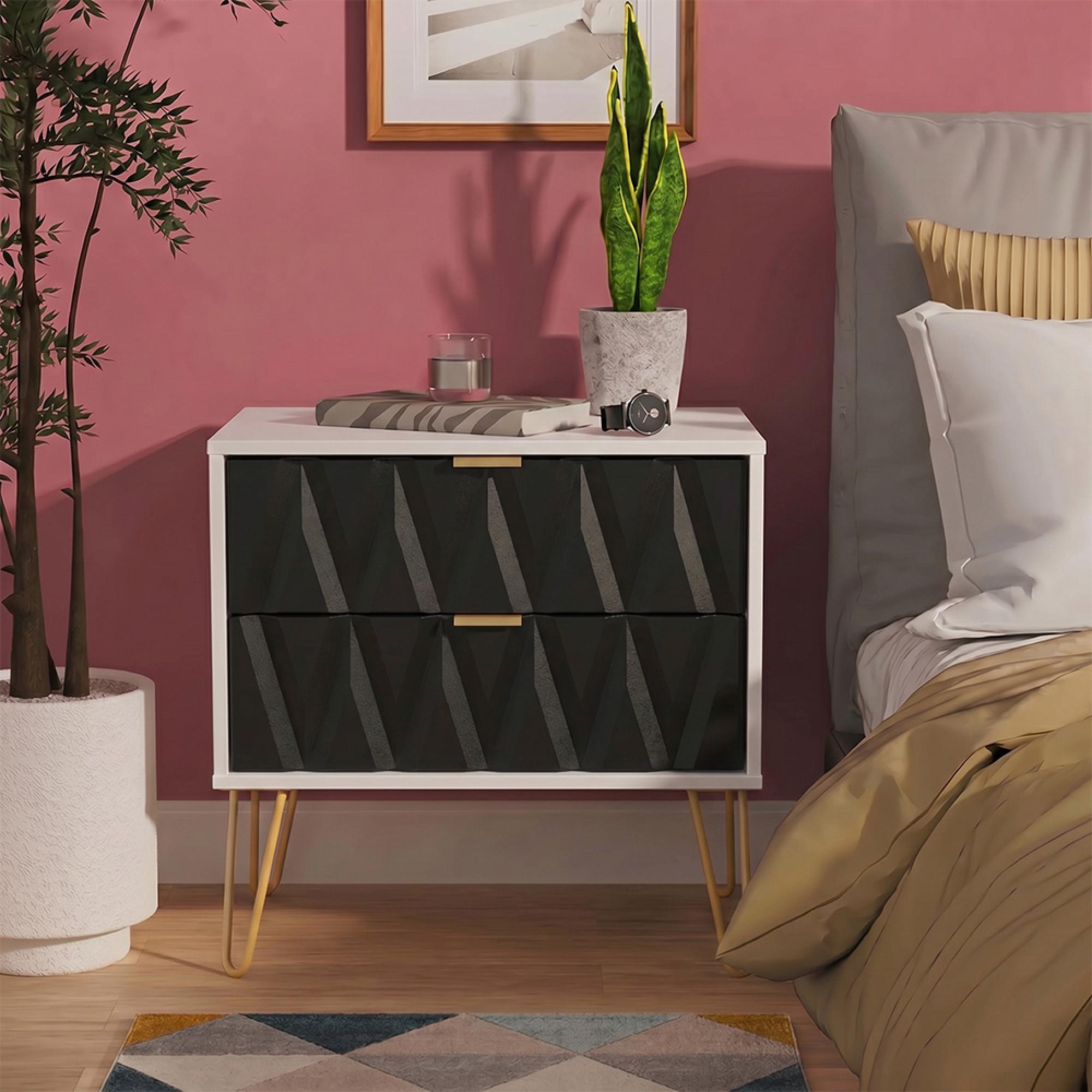 Diamond Midi Bedside Cabinet - 2 Drawer - with Gold Hairpin Legs - Black and White