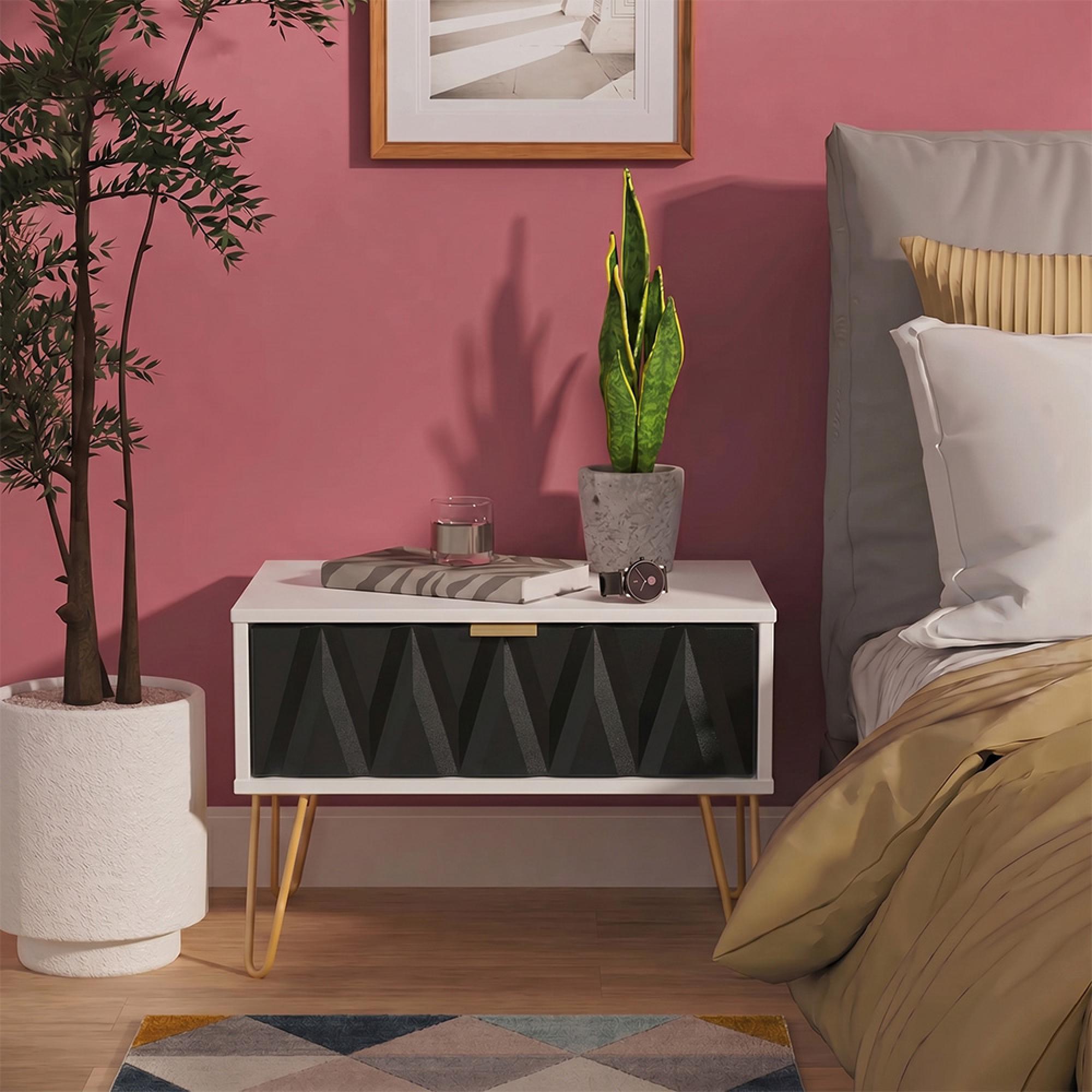 Diamond Midi Bedside Table - 1 Drawer - with Gold Hairpin Legs - Black and White