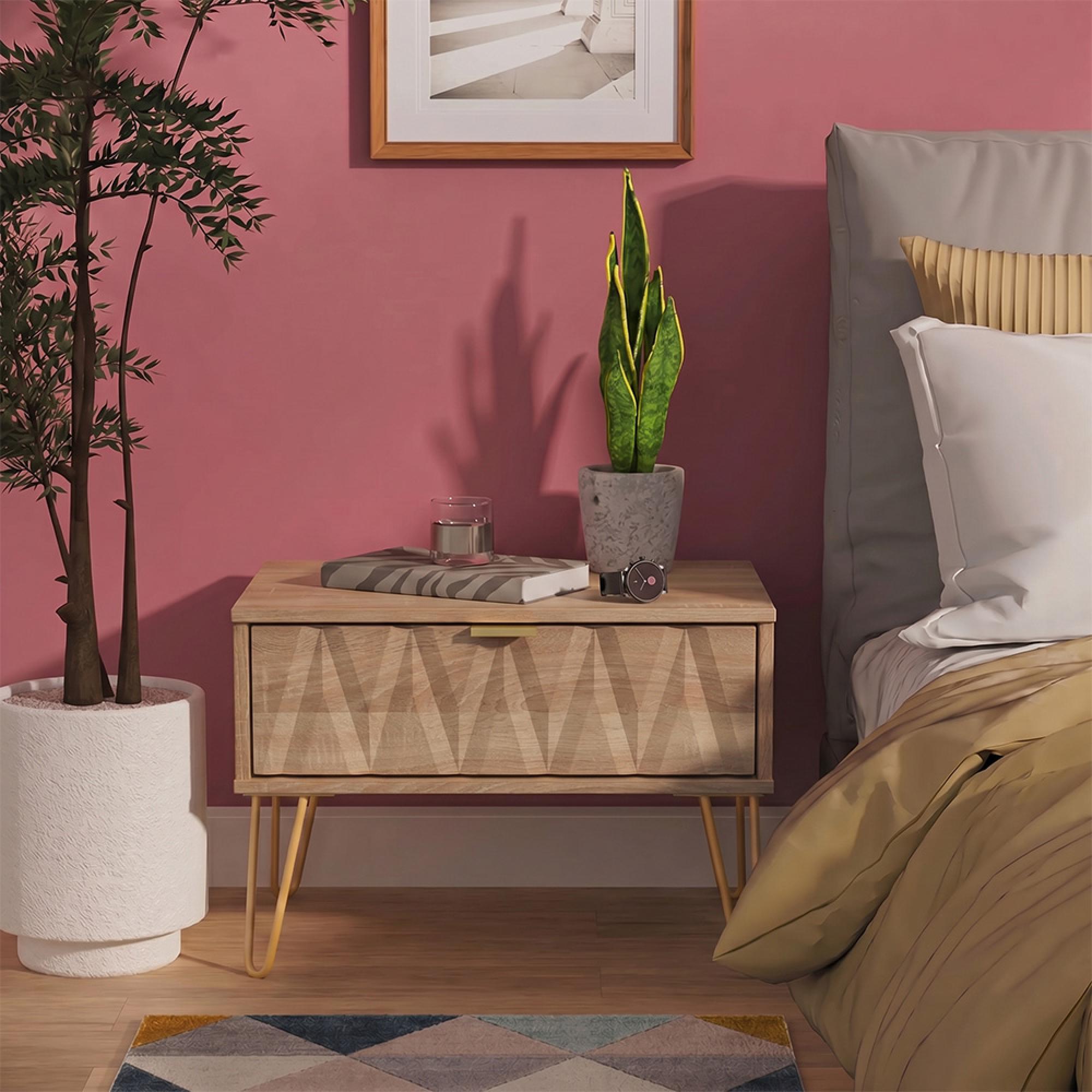 Diamond Midi Bedside Table - 1 Drawer - with Gold Hairpin Legs - Oak