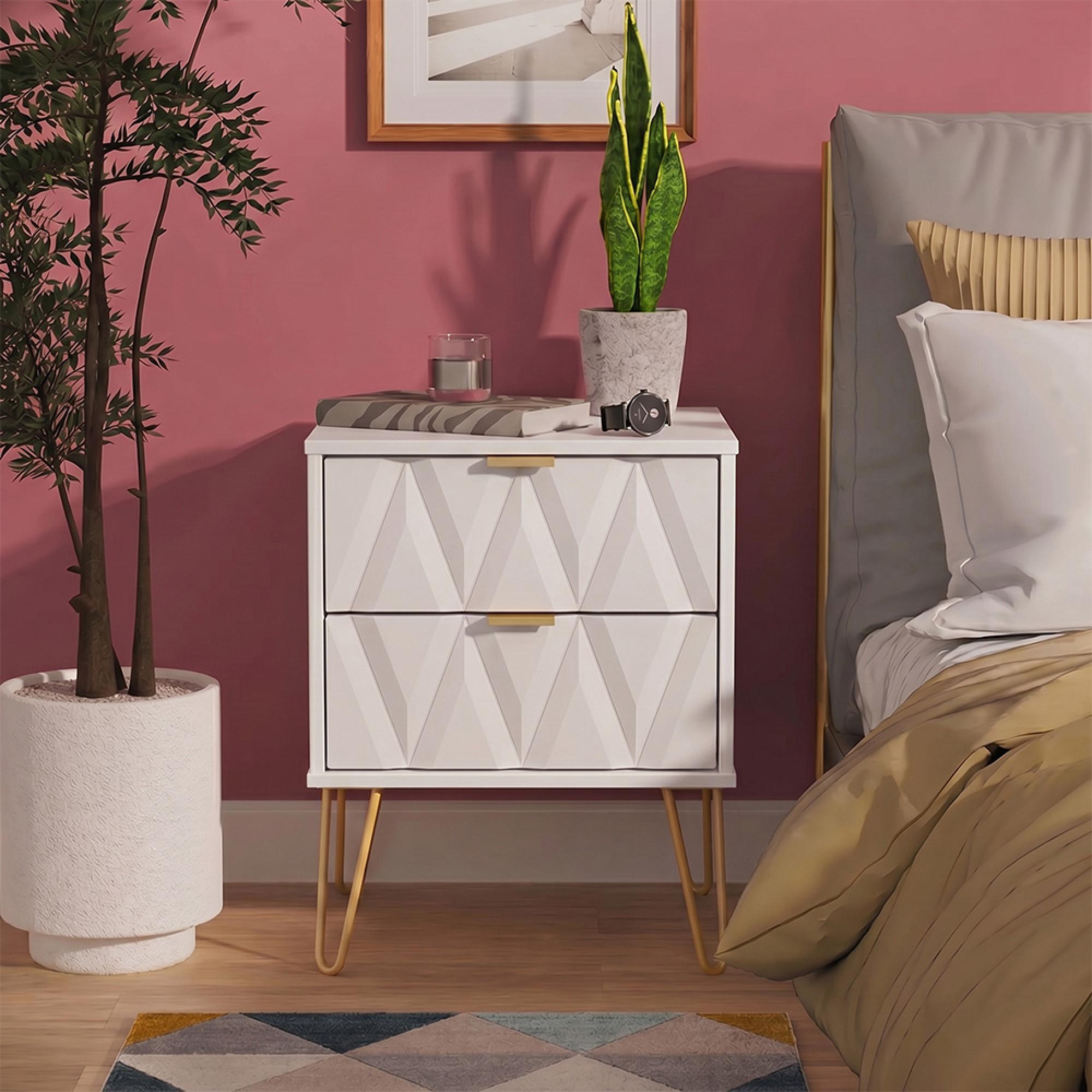 Diamond Bedside Cabinet - 2 Drawer - with Gold Hairpin Legs - White