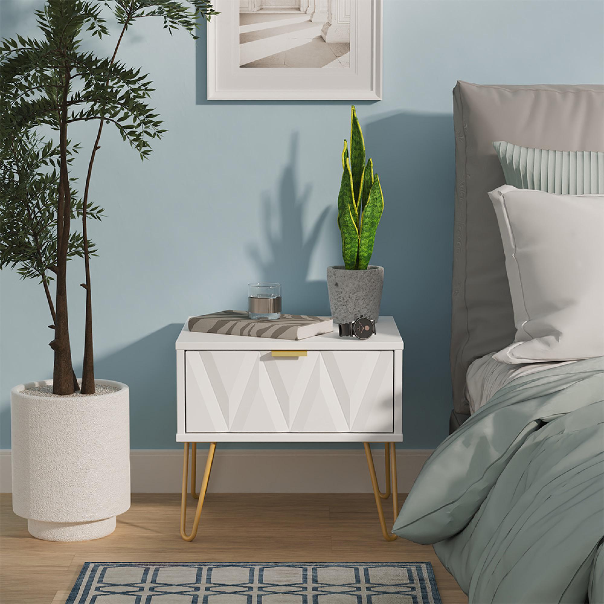 Diamond Bedside Table - 1 Drawer - with Gold Hairpin Legs - White
