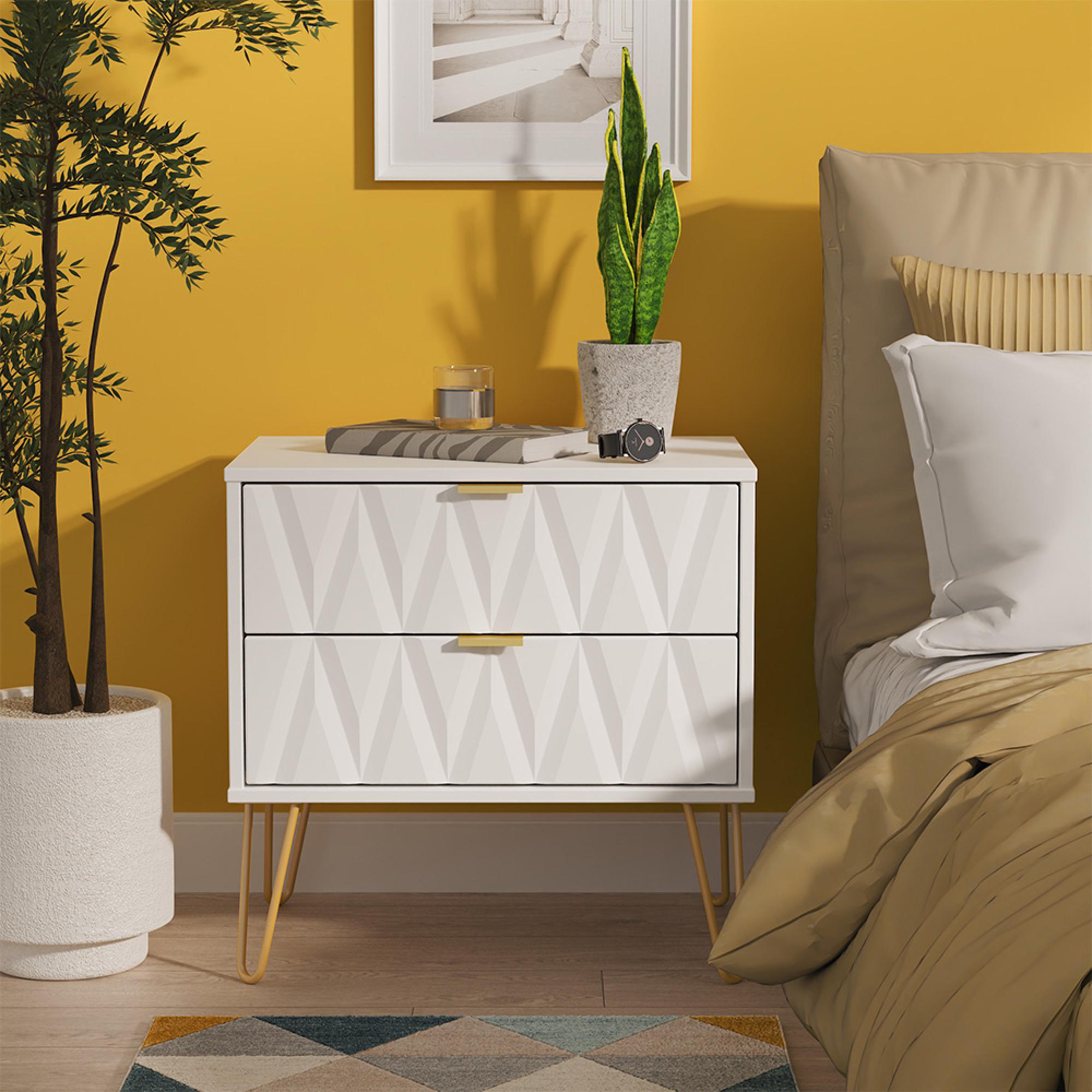 Diamond Midi Bedside Cabinet - 2 Drawer - with Gold Hairpin Legs - White