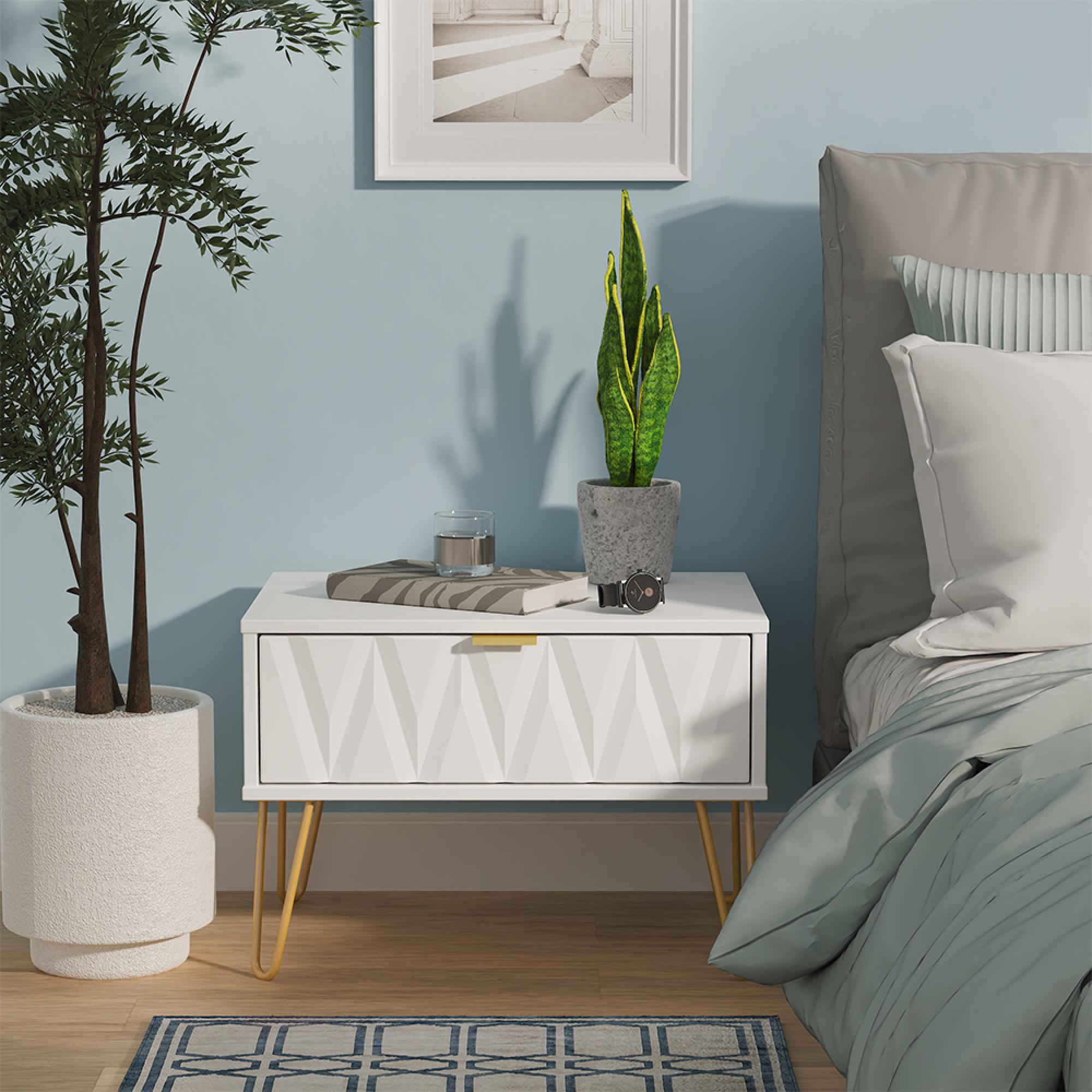 Diamond Midi Bedside Table - 1 Drawer - with Gold Hairpin Legs - White