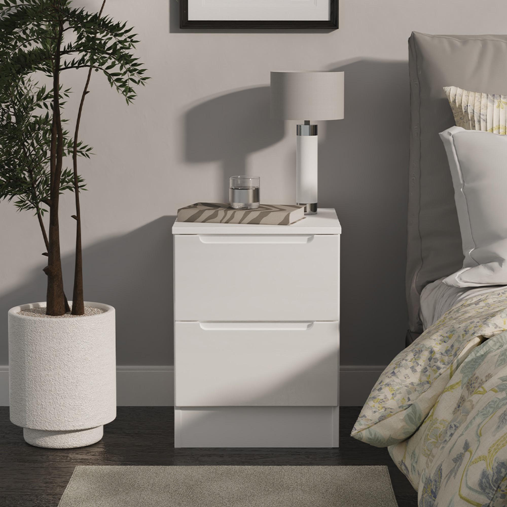 Milan Bedside Cabinet - 2 Drawer - White Gloss