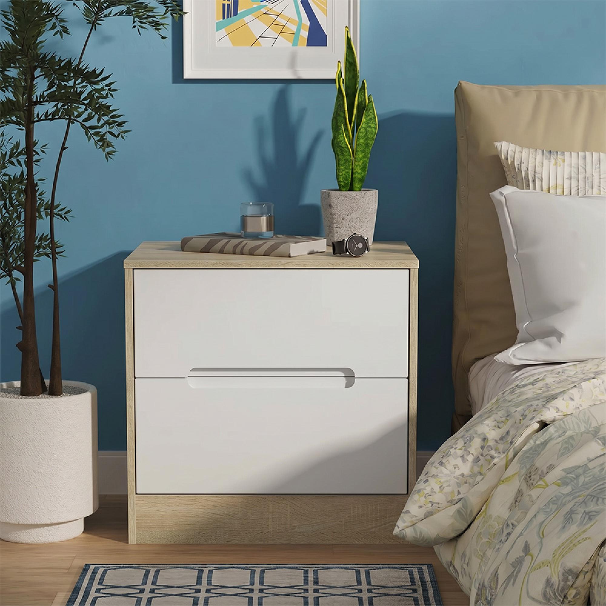 Monaco Bedside Cabinet - Wide - 2 Drawer - White Matt and Oak