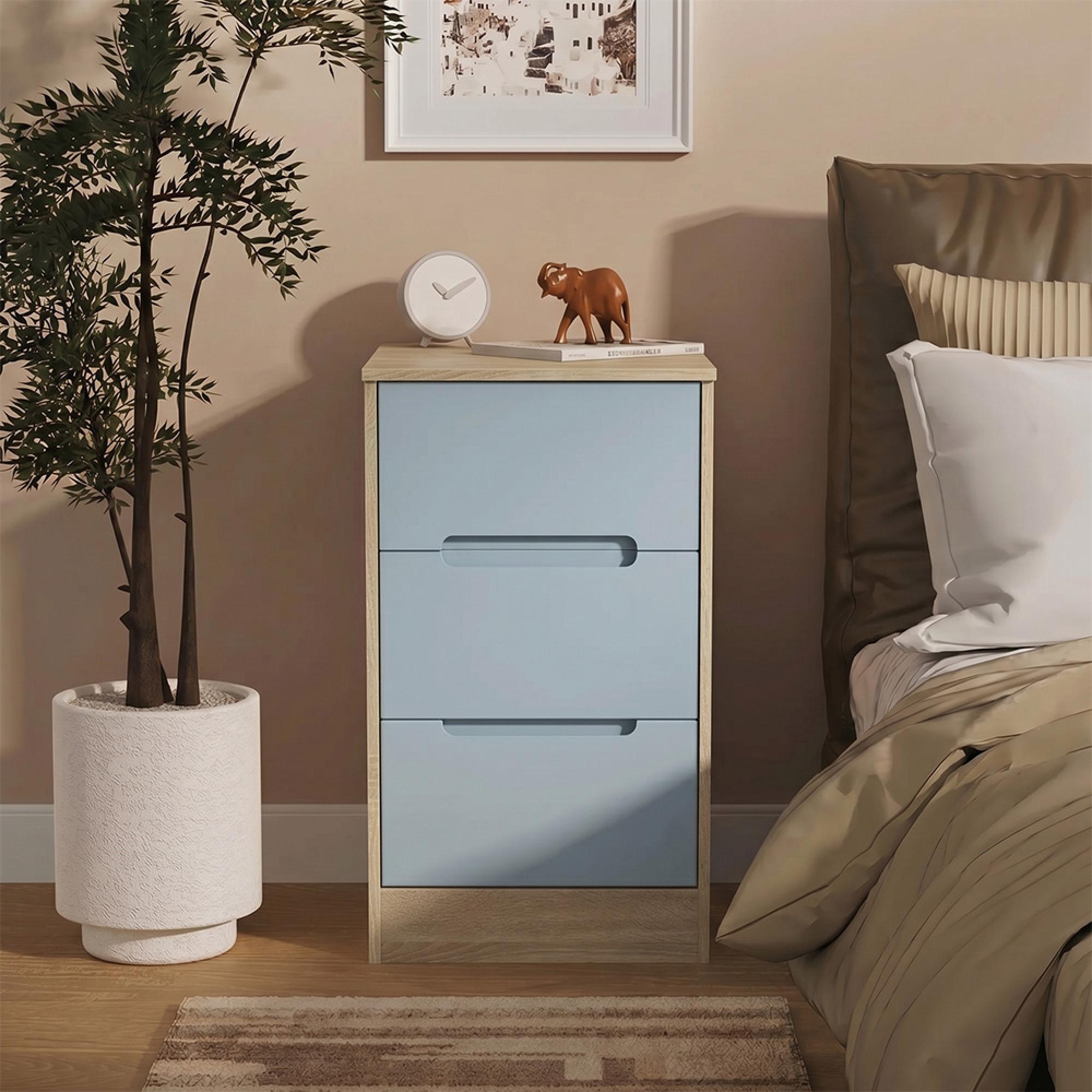 Monaco Bedside Cabinet - 3 Drawer - Denim and Oak