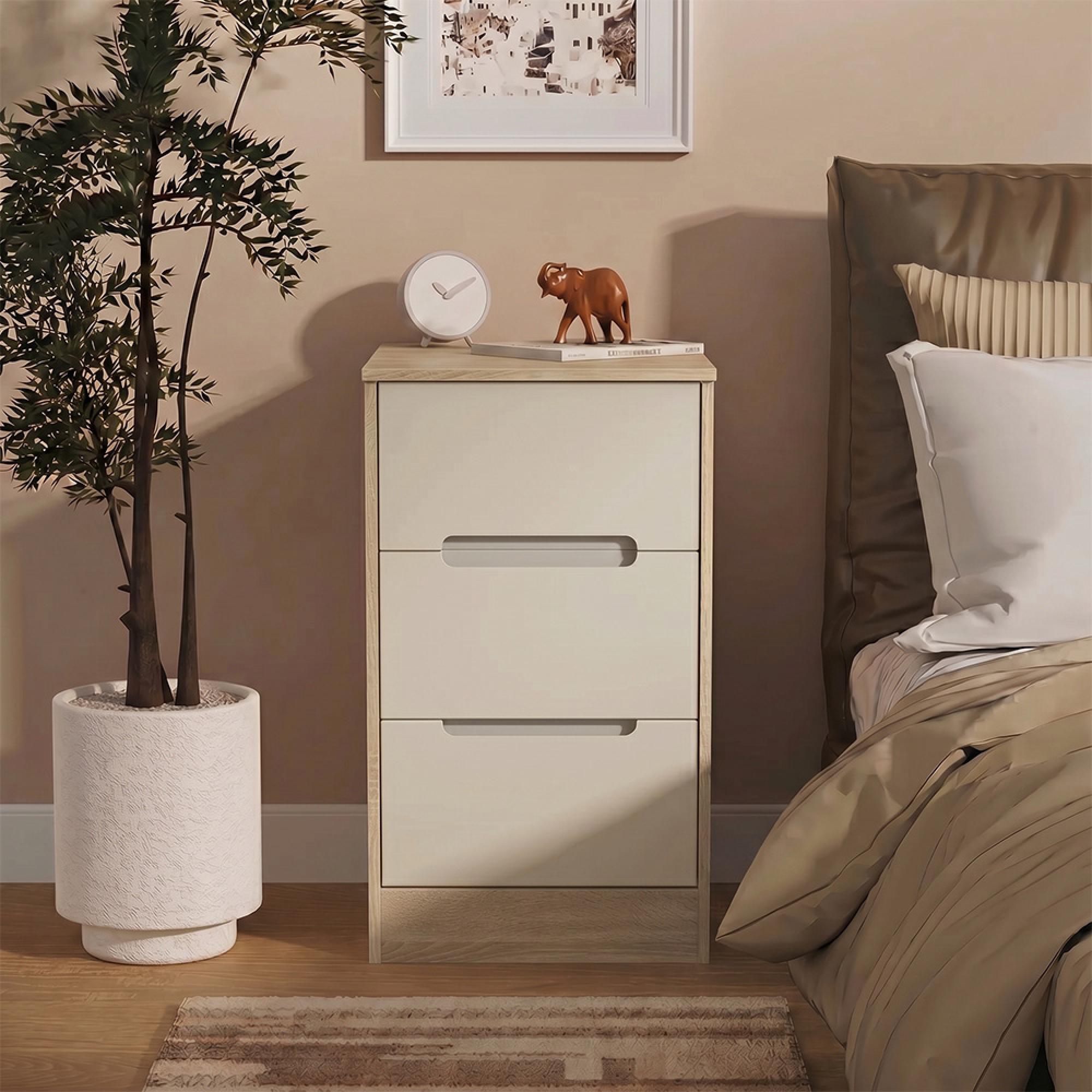 Monaco Bedside Cabinet - 3 Drawer - Cashmere Matt and Oak