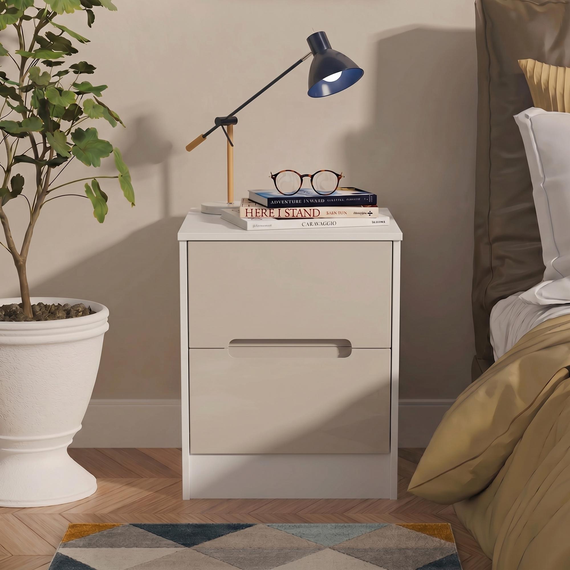 Monaco Bedside Cabinet - 2 Drawer - Cashmere Gloss and White