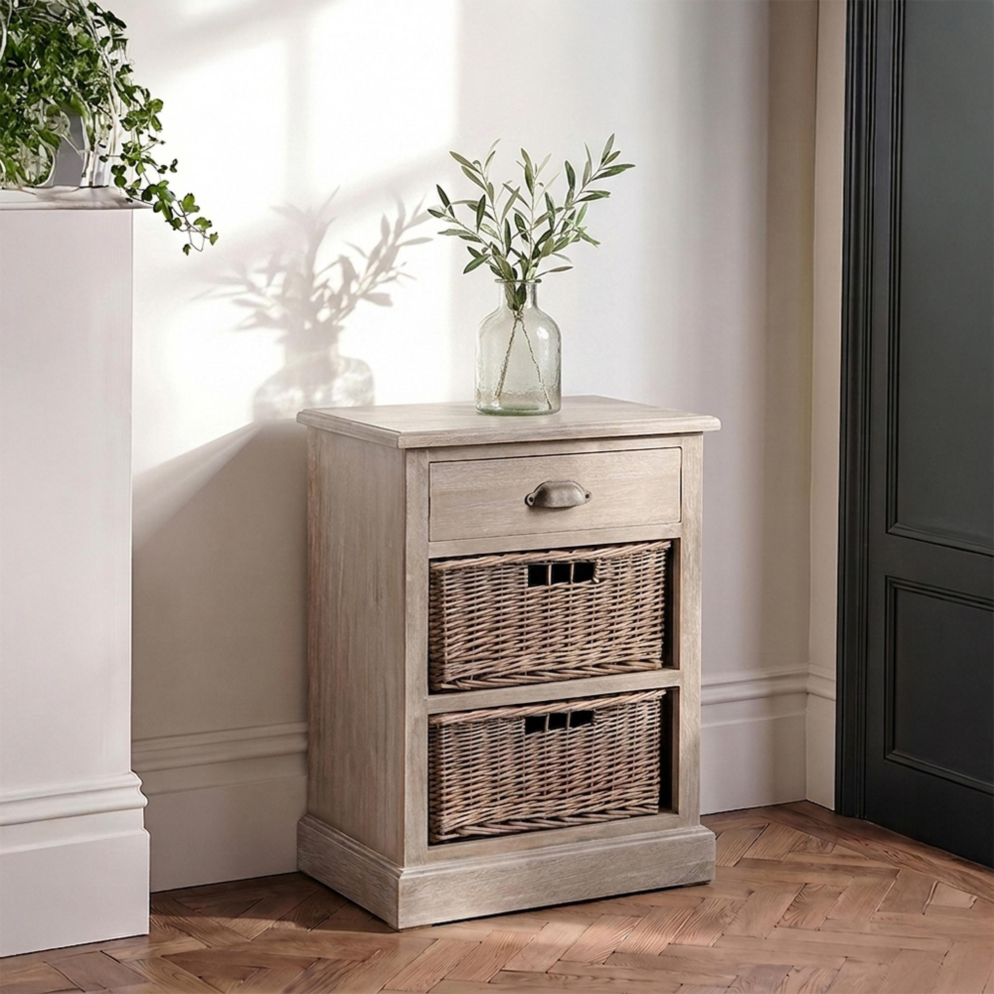 Bedside Cabinet - 1 Drawer - 2 Rattan Basket - Grey Wood