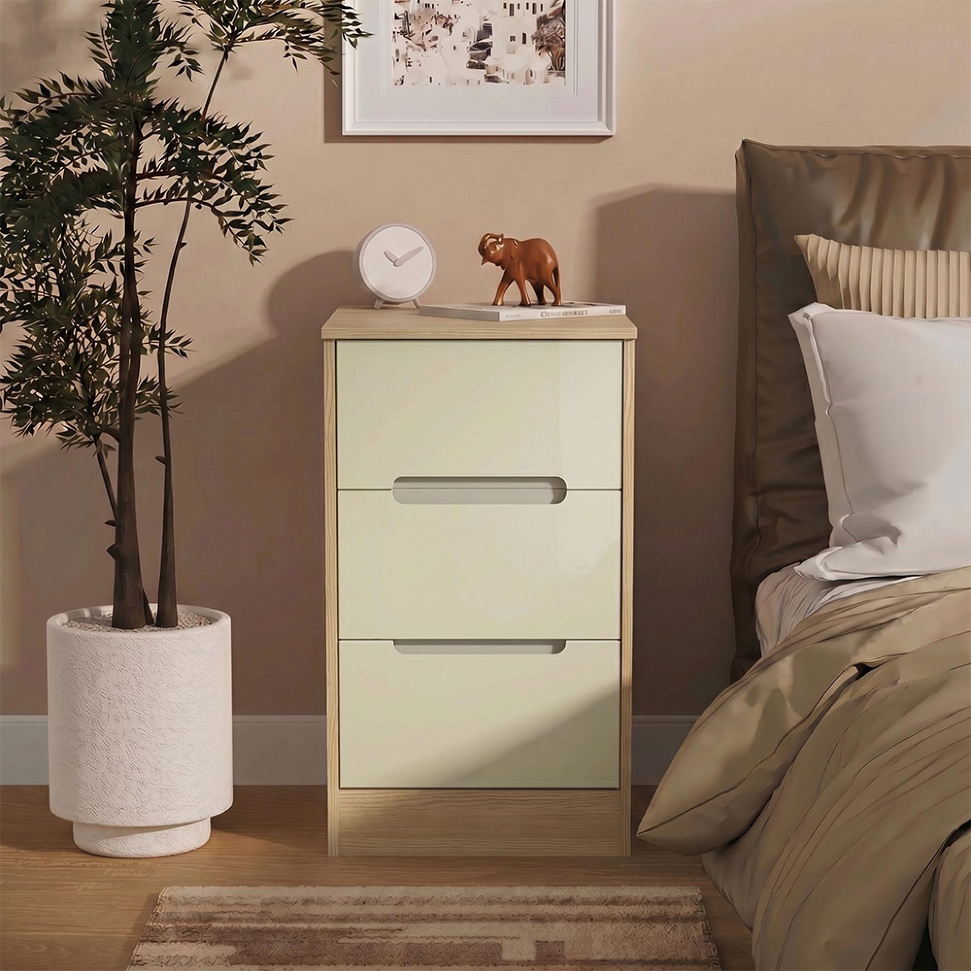 Monaco Bedside Cabinet - 3 Drawer - Cream Gloss and Light Oak