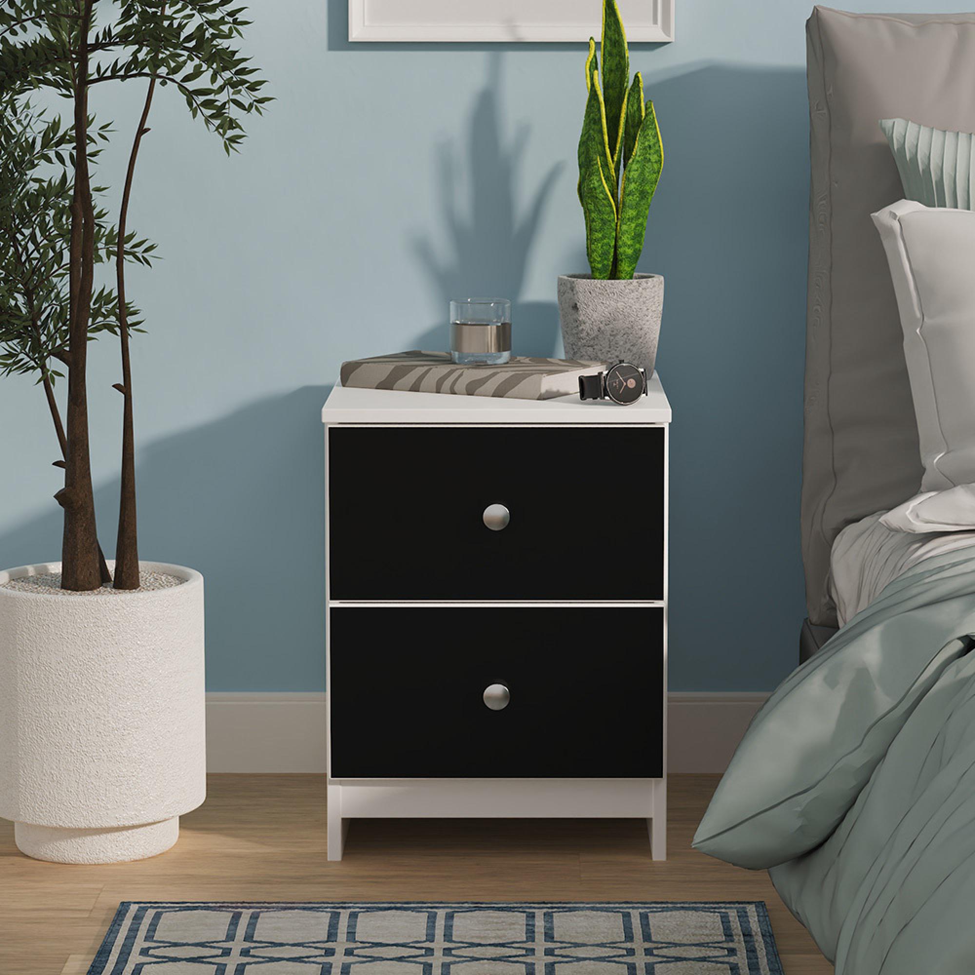 Yarmouth Bedside Cabinet - 2 Drawer - Black Matt and White Matt