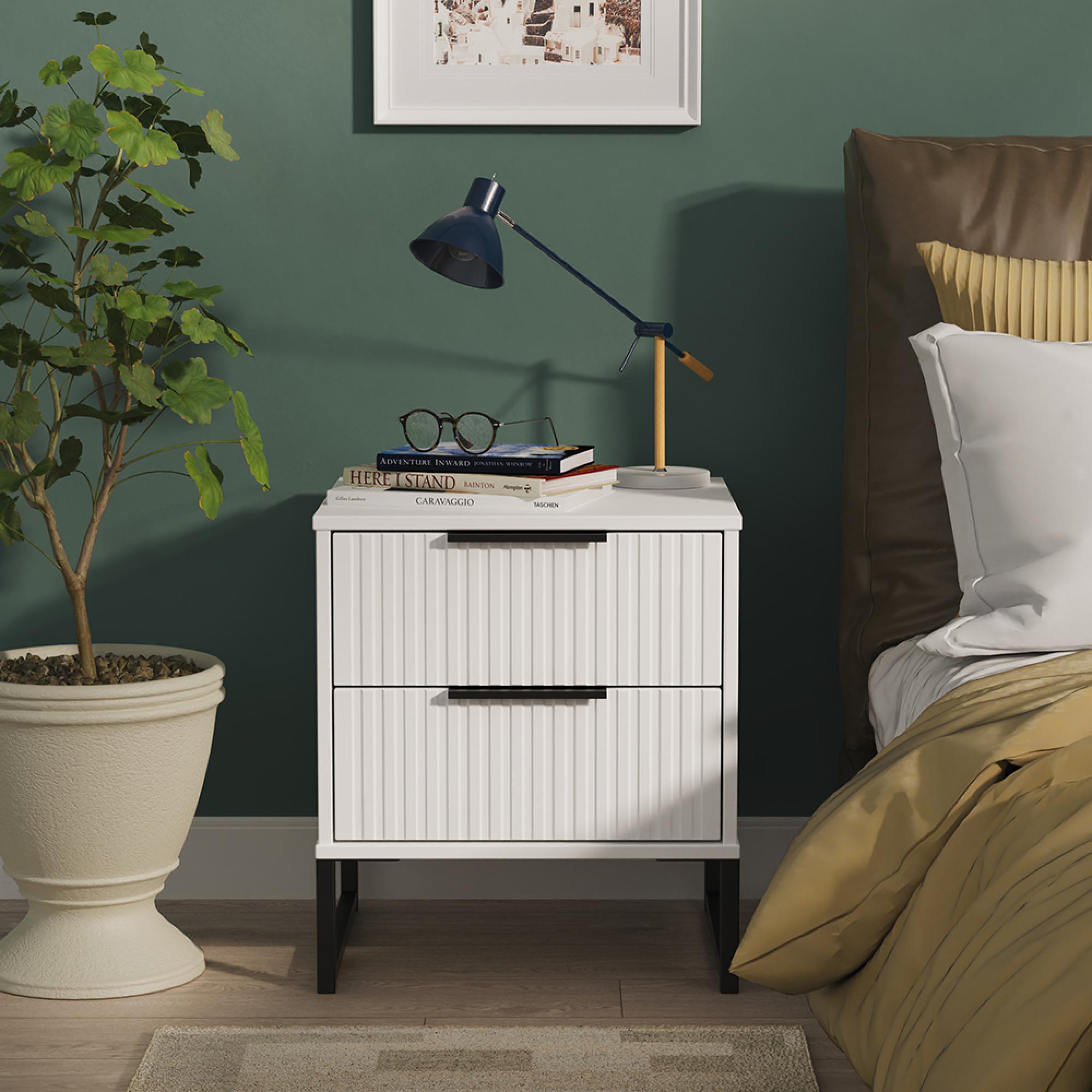 Fluted Bedside Cabinet - 2 Drawer - White Matt