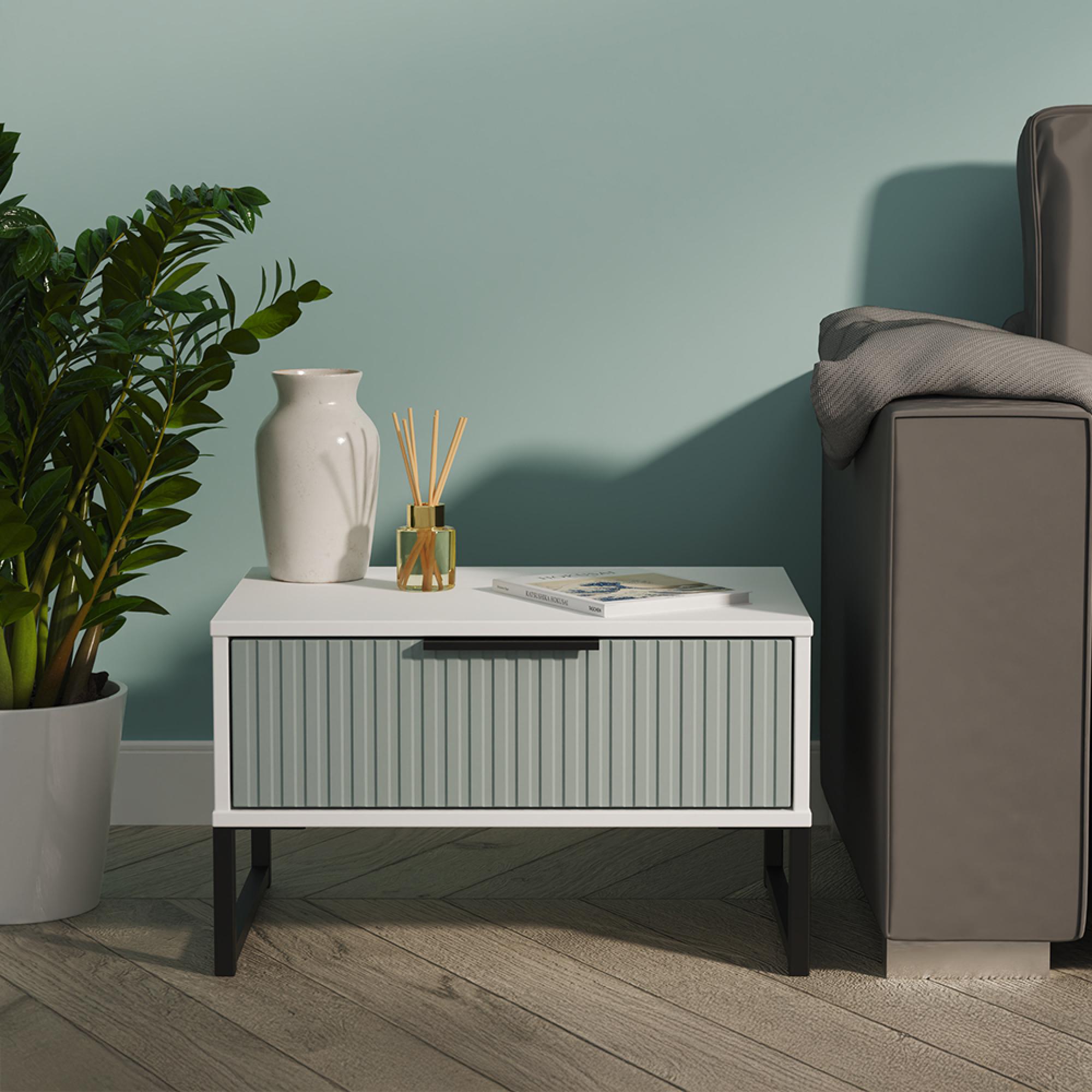 Fluted Bedside Cabinet - 1 Drawer - Midi - Duck and White Matt