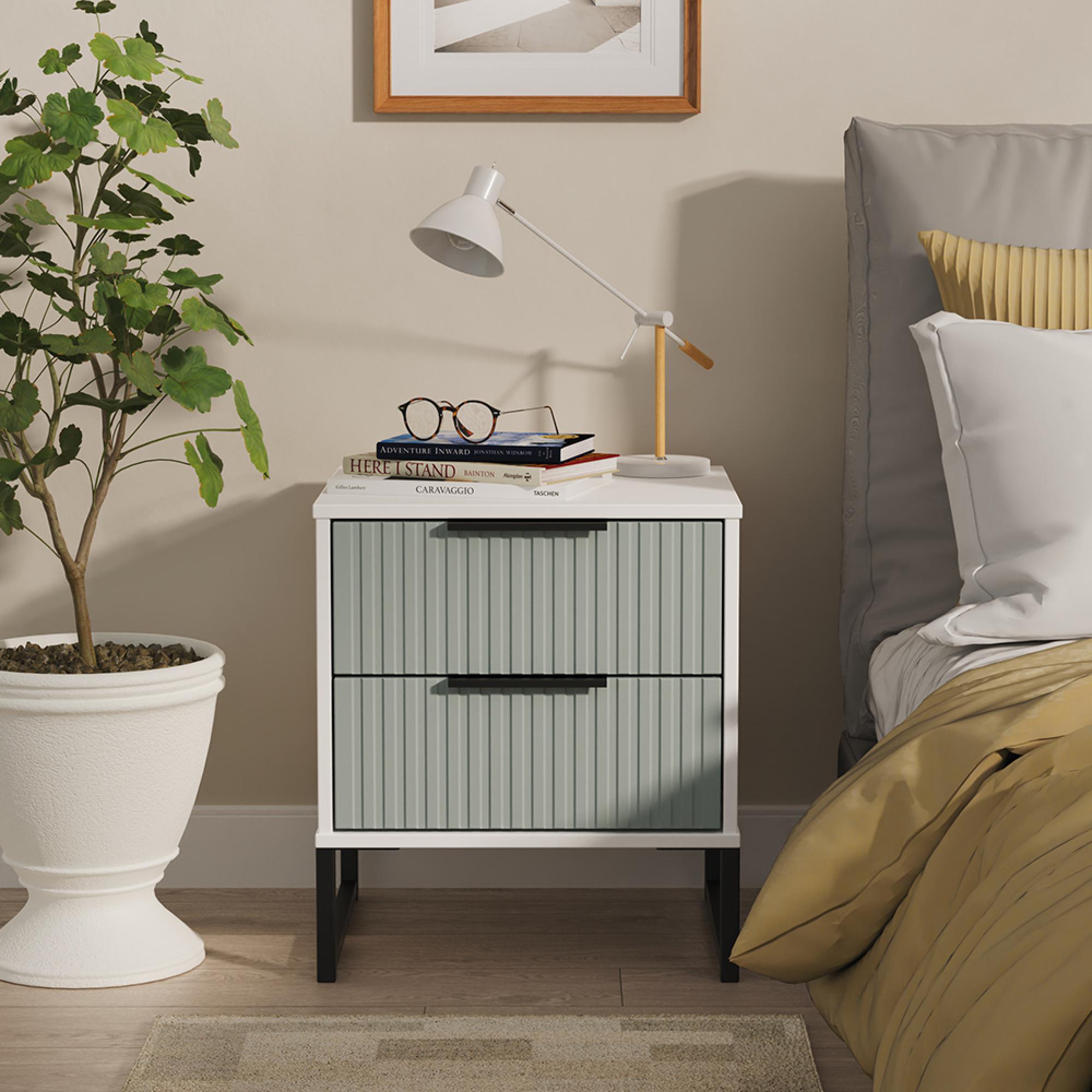 Fluted Bedside Cabinet - 2 Drawer - Duck and White Matt