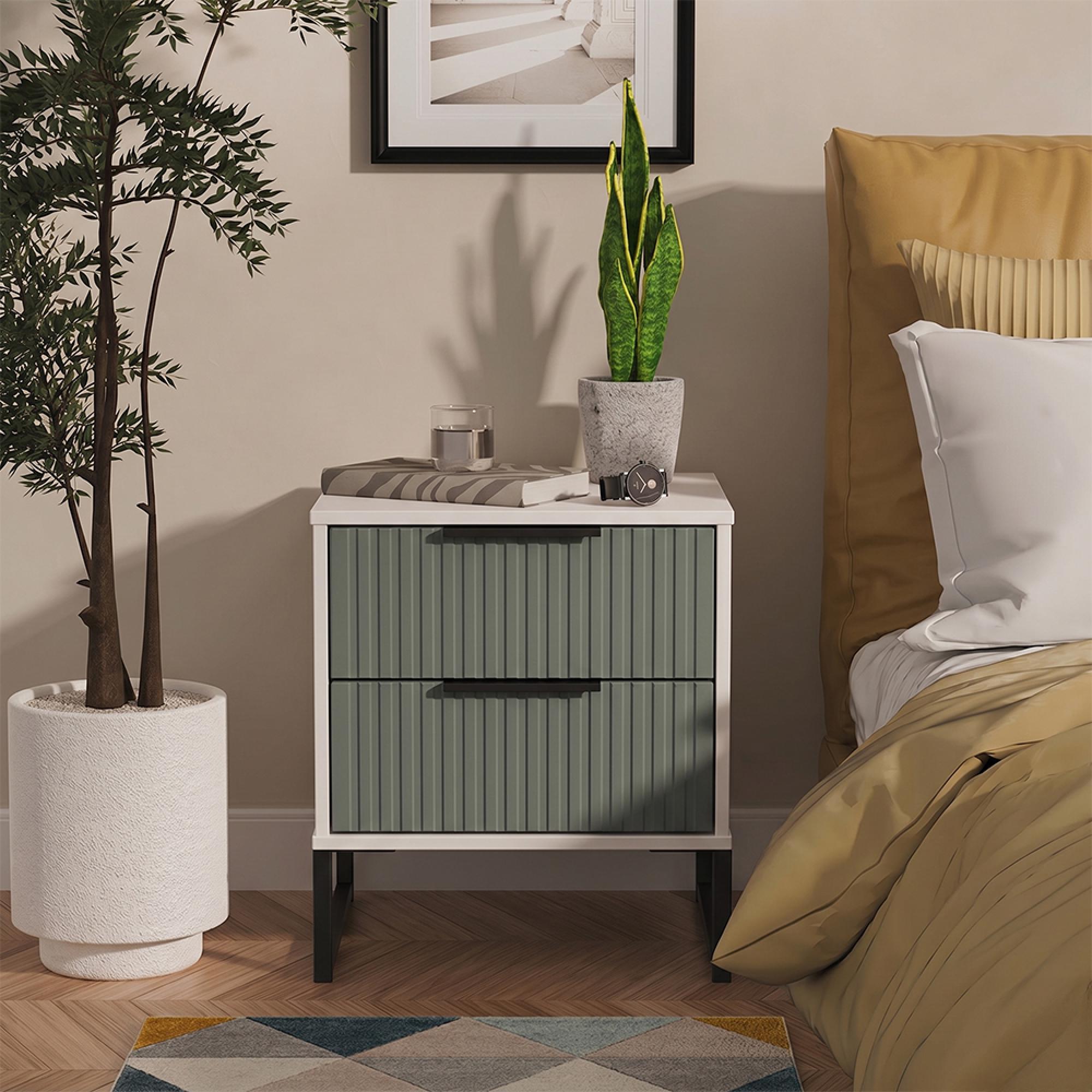 Fluted Bedside Cabinet - 2 Drawer - Reed Green and White Matt